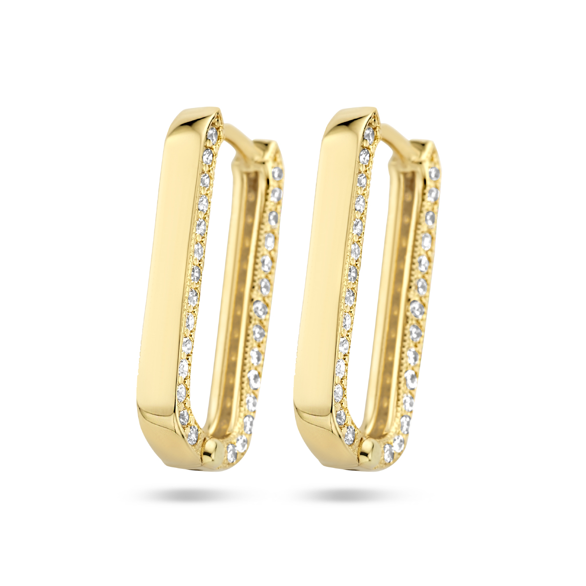 14k Geelgouden klapoorringen uitgevoerd met zirkonia. De klapoorringen hebben een afmeting van 20x3mm.
