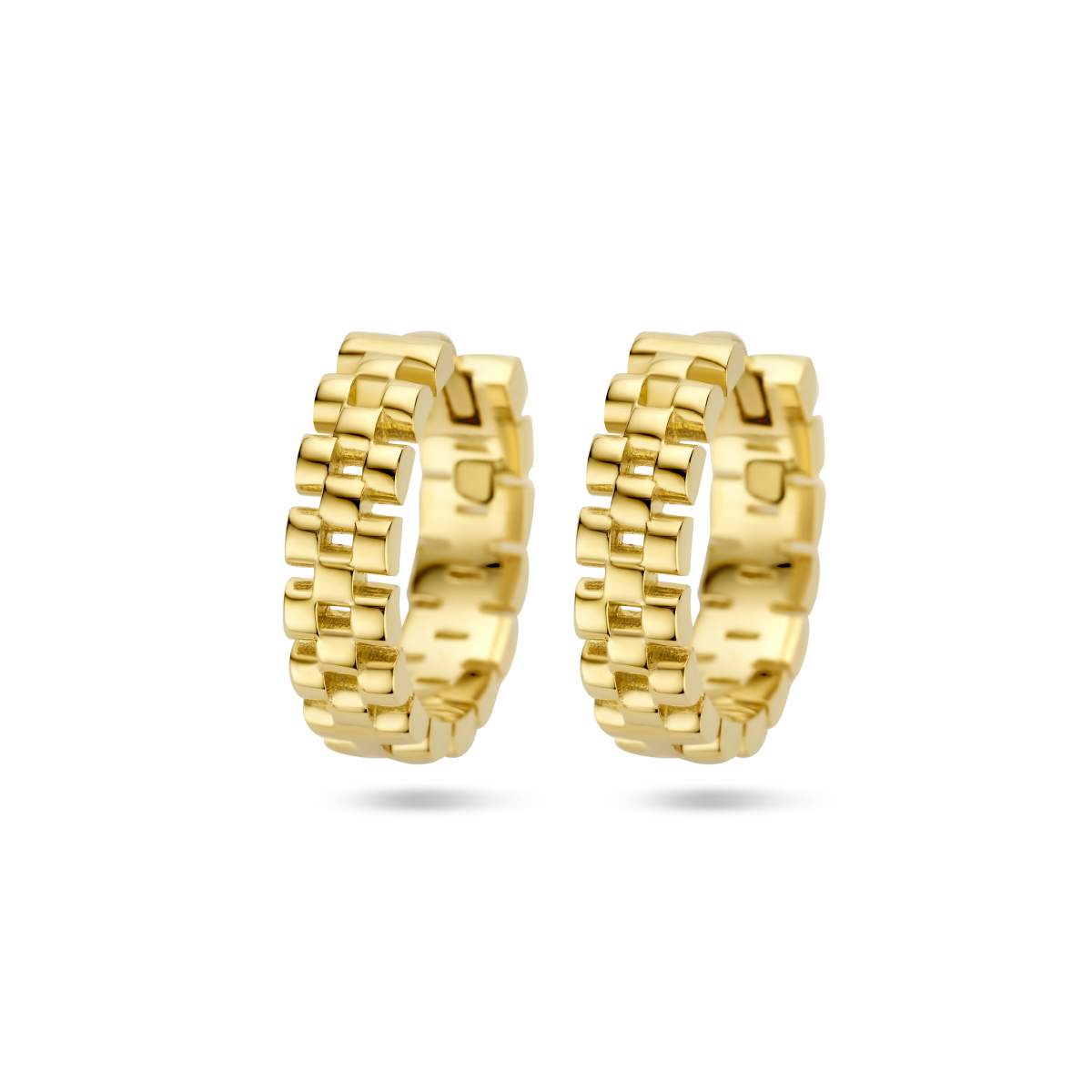 14k Geelgouden klapoorringen in schakelmotief. De oorringen hebben een diameter van 14.5mm en zijn voorzien met een scharniersluiting
