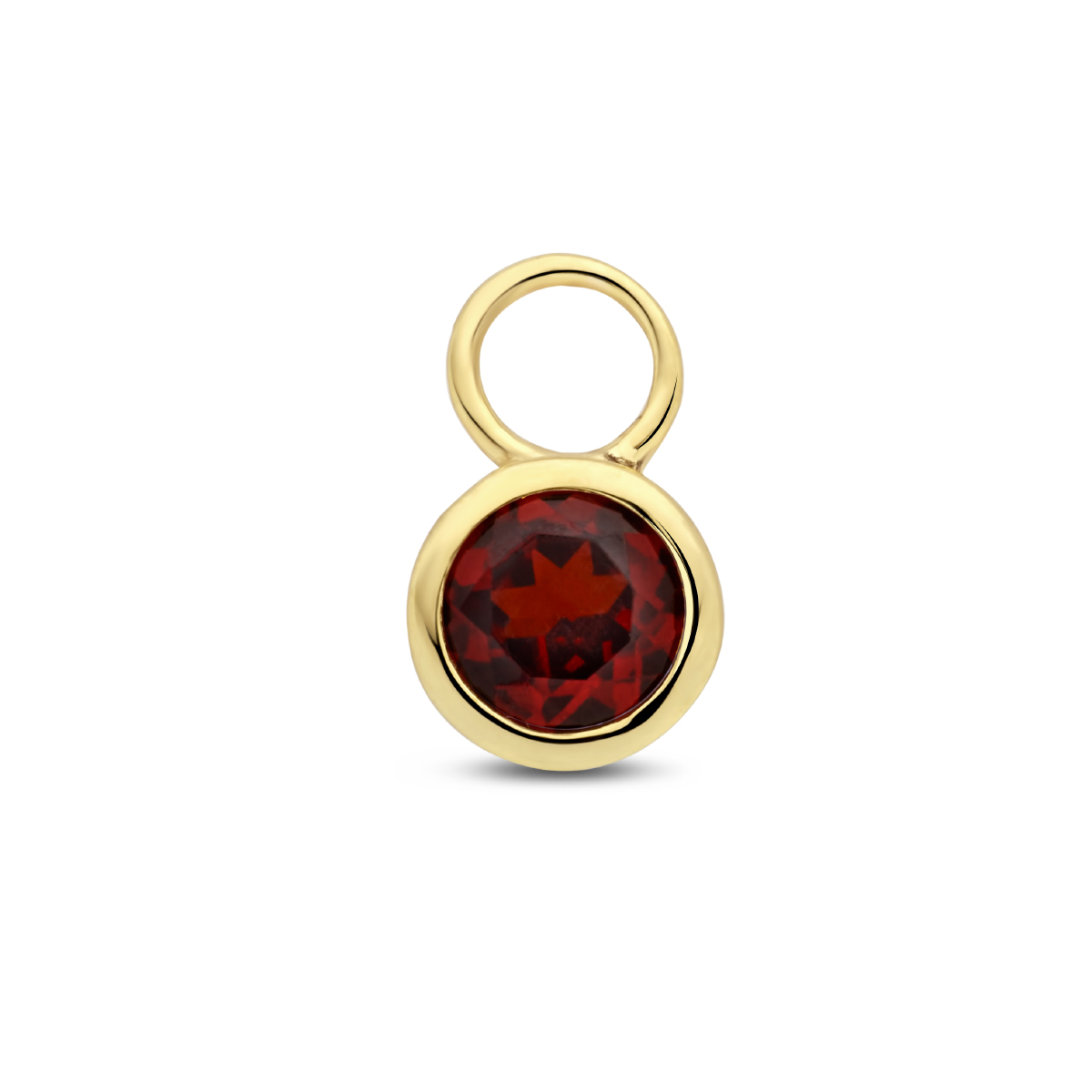 14k Geelgouden oorringhanger uitgevoerd met een geboortesteen Januari (Granaat). De hanger heeft een afmeting van 8.5x6mm. De oorringhanger wordt per stuk verkocht. De oorringhanger kan gecombineerd worden met een oorring met een buisdikte van 2mm. Deze hanger wordt per stuk 