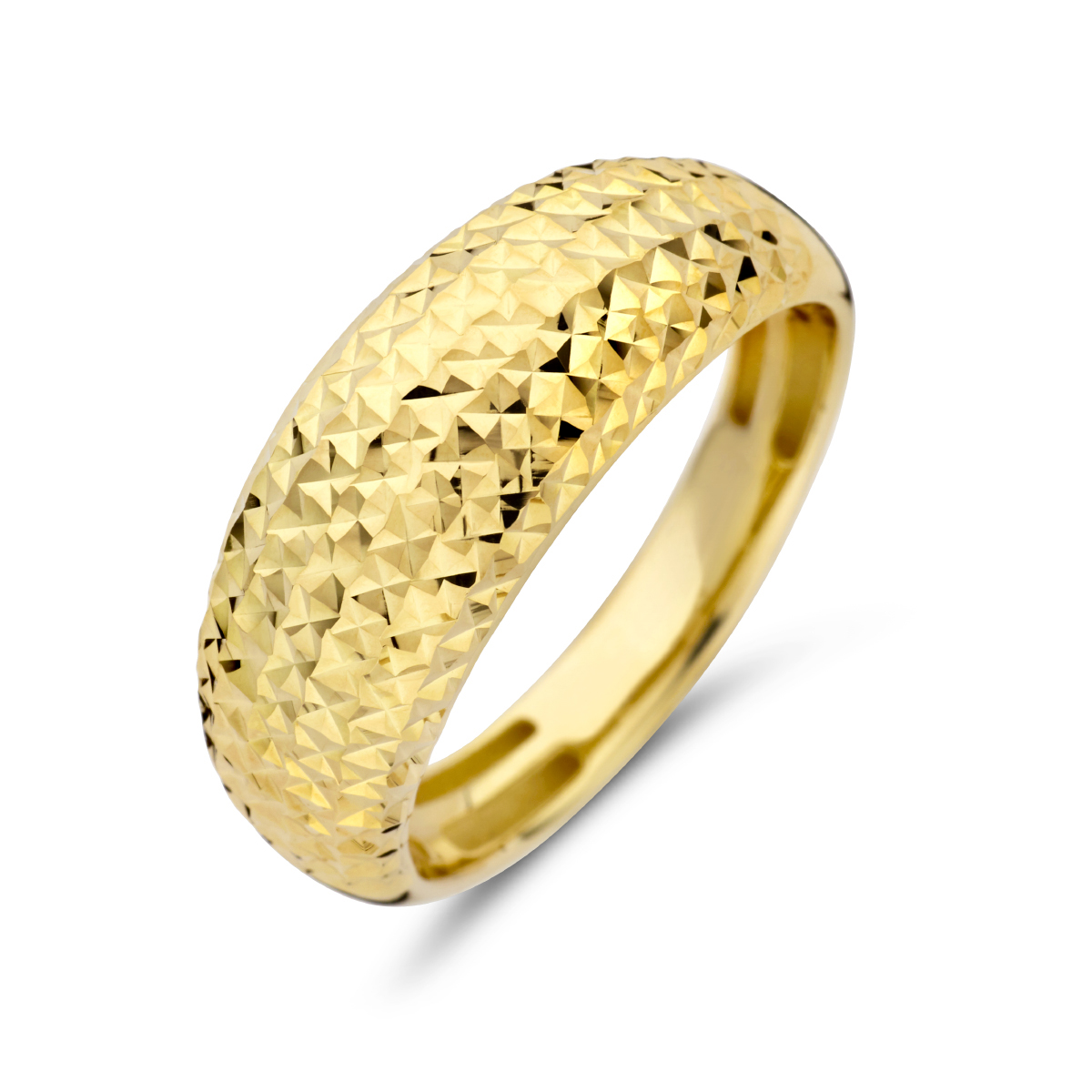 14k Geelgouden ring met een gediamanteerde afwerking. De ring heeft een breedte van 8mm.