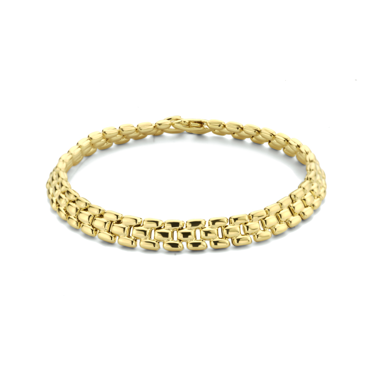 Geelgoud op 925 zilveren panter armband met een breedte van 6.9mm. De armband heeft een draaglengte van 19cm. Geen garantie op plating.