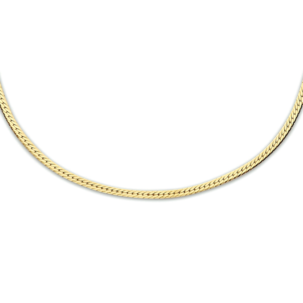 Geelgoud op 925 zilveren collier uitgevoerd met een stevige karabijn sluiting. Het collier heeft een breedte van 1.7mm en een draaglengte van 40cm met een extensie van 5cm. Geen garantie op plating.