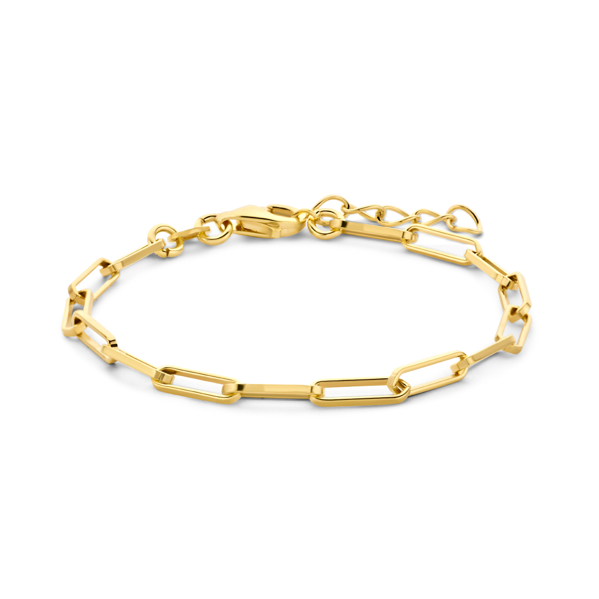 Geelgoud op 925 zilveren paperclip armband uitgevoerd met een karabijn sluting. De armband heeft een draaglengte van 15.5cm en een extensie van 2.5cm. De schakelbreedte is 3.0mm. Geen garantie op plating.