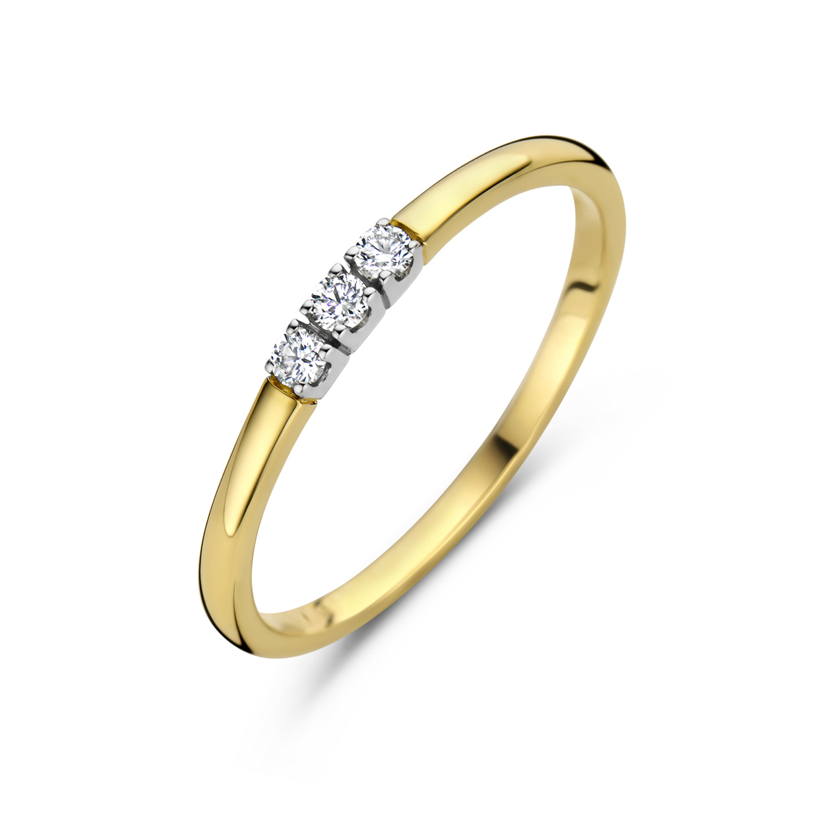14k Bicolor geel- en witgouden ring uitgevoerd met een diamant rij. De ring heeft een breedte van 2mm.