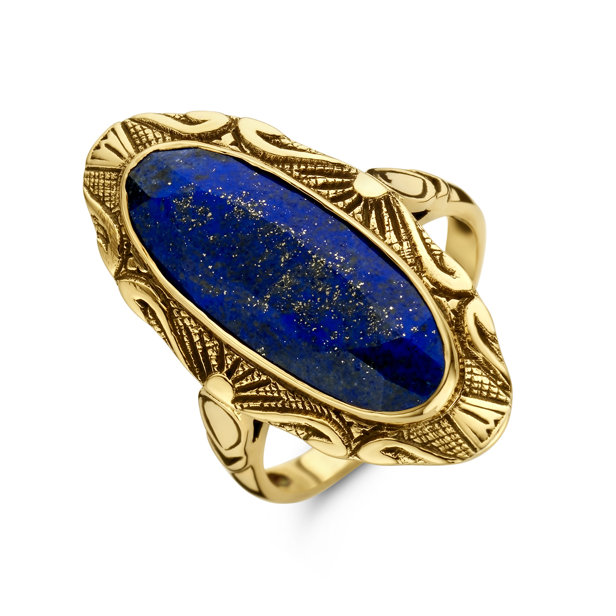 14k Geelgouden vintage ring uitgevoerd met een schitterende lapis steen. De ring heeft een afmeting van 28x14mm.
