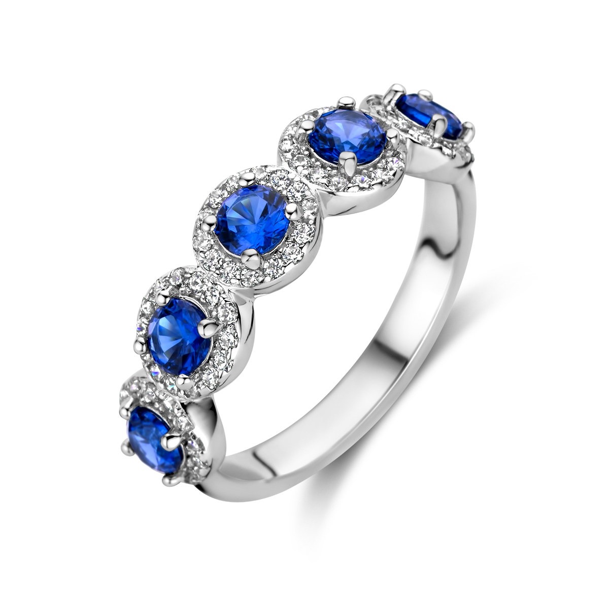 zilveren dames ring met witten zirkonia en blauw kleurige safier