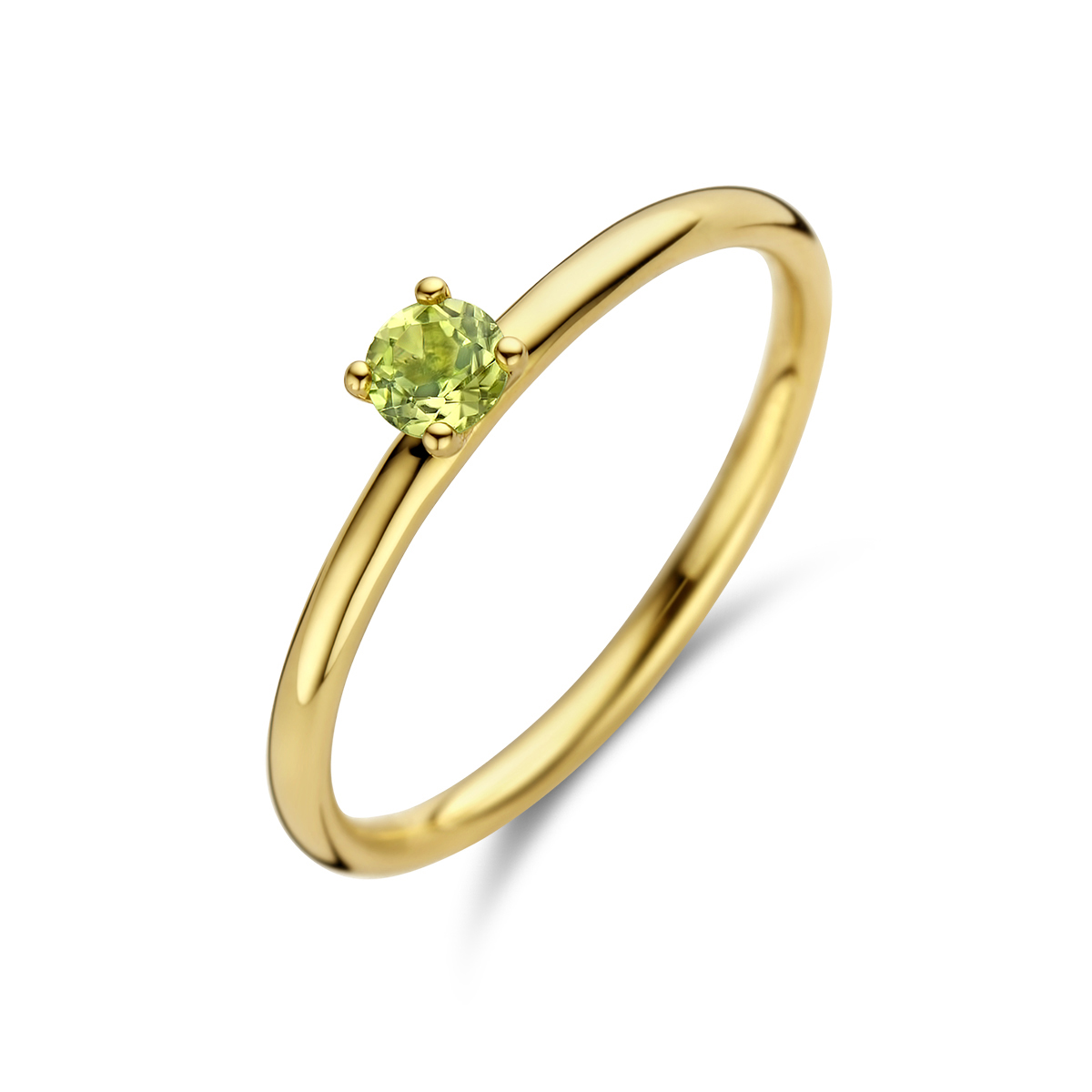 14k Geelgouden ring uitgevoerd met peridot. De ring heeft een breedte van 3.5mm.