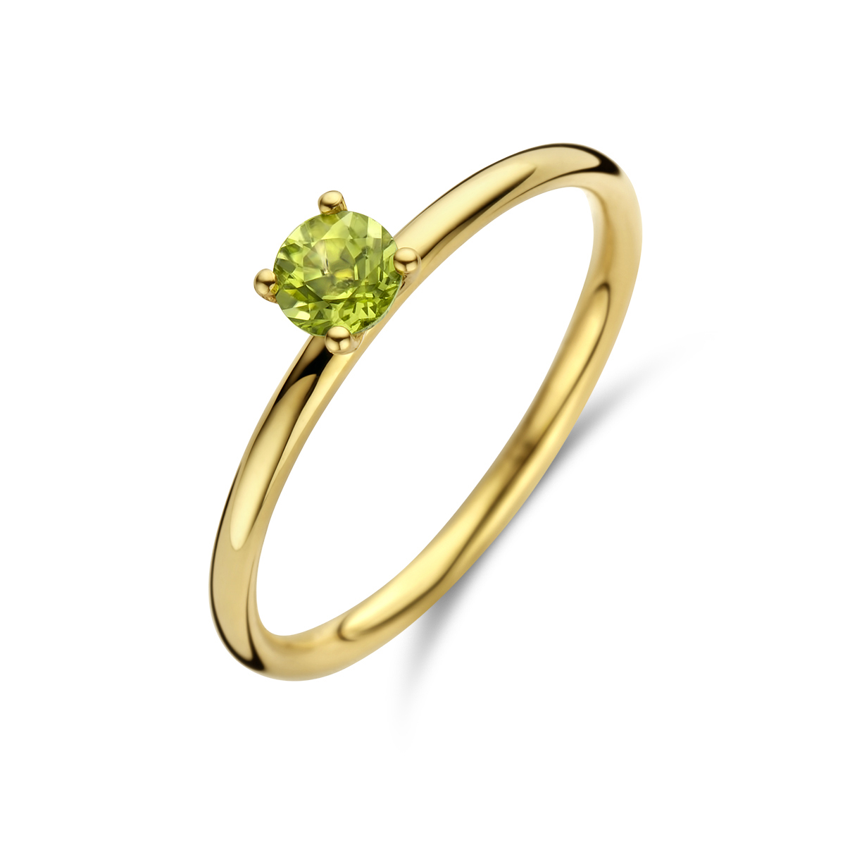 14k Geelgouden ring uitgevoerd met peridot. De ring heeft een breedte van 4mm.