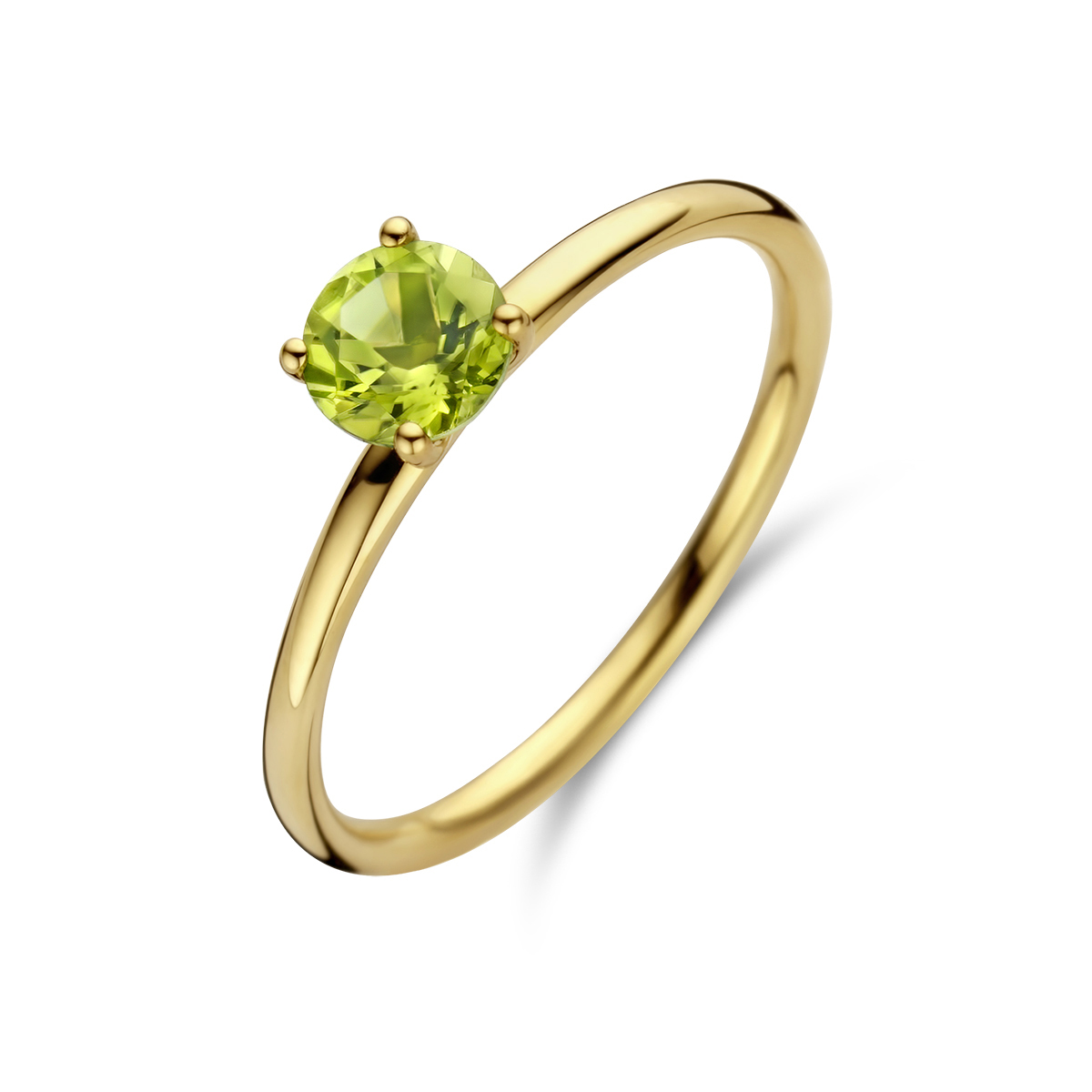 14k Geelgouden ring uitgevoerd met peridot. De ring heeft een breedte van 5mm.