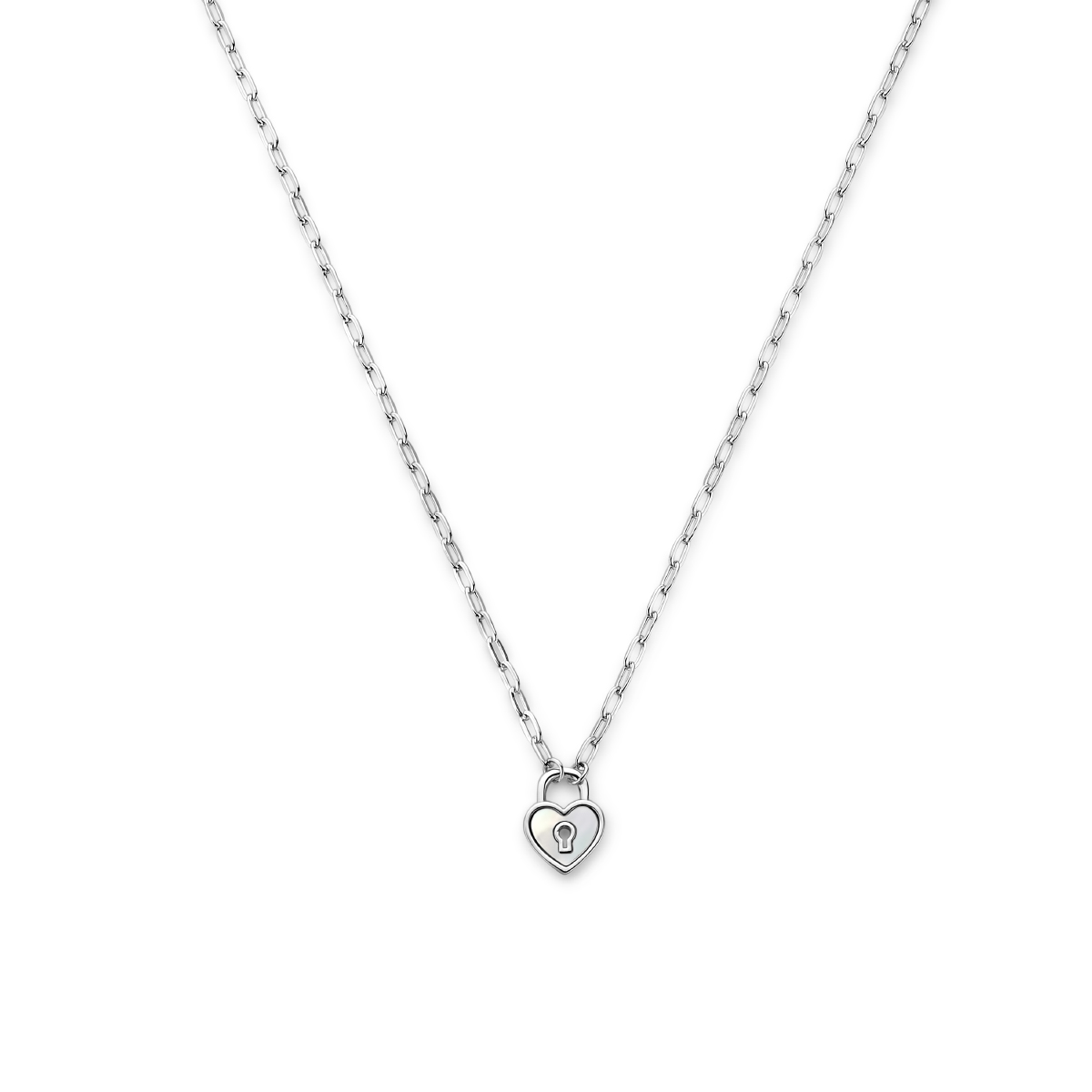 Gerhodineerd 925 zilveren collier uitgevoerd met een hart en slot hanger met parelmoer. Het collier heeft een draaglengte 41cm en een extensie van 4cm. De schakelbreedte is 2.1mm.