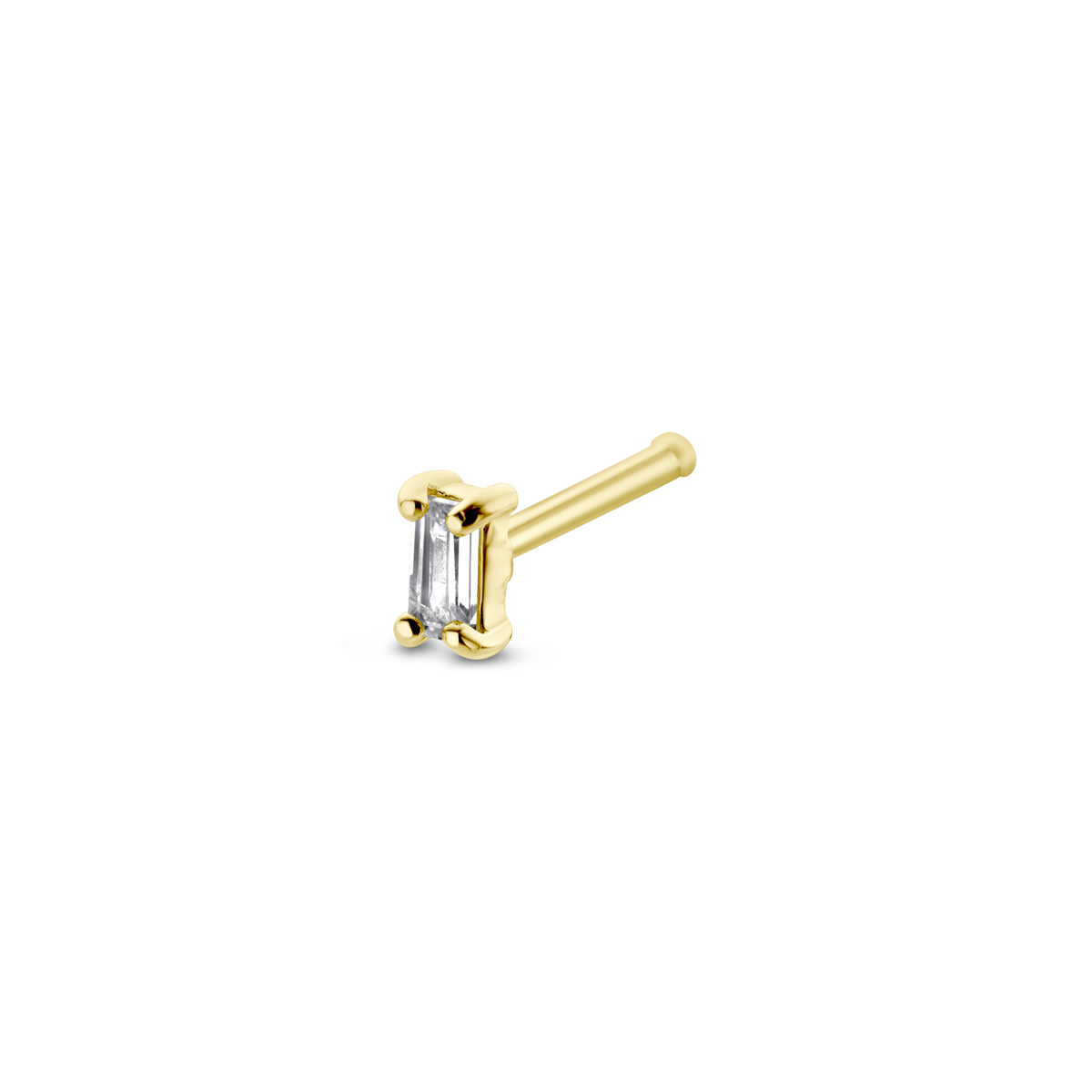 14k Geelgouden neusknopje met zirkonia. De neusknopje heeft een afmeting van 3.6x2.2mm.