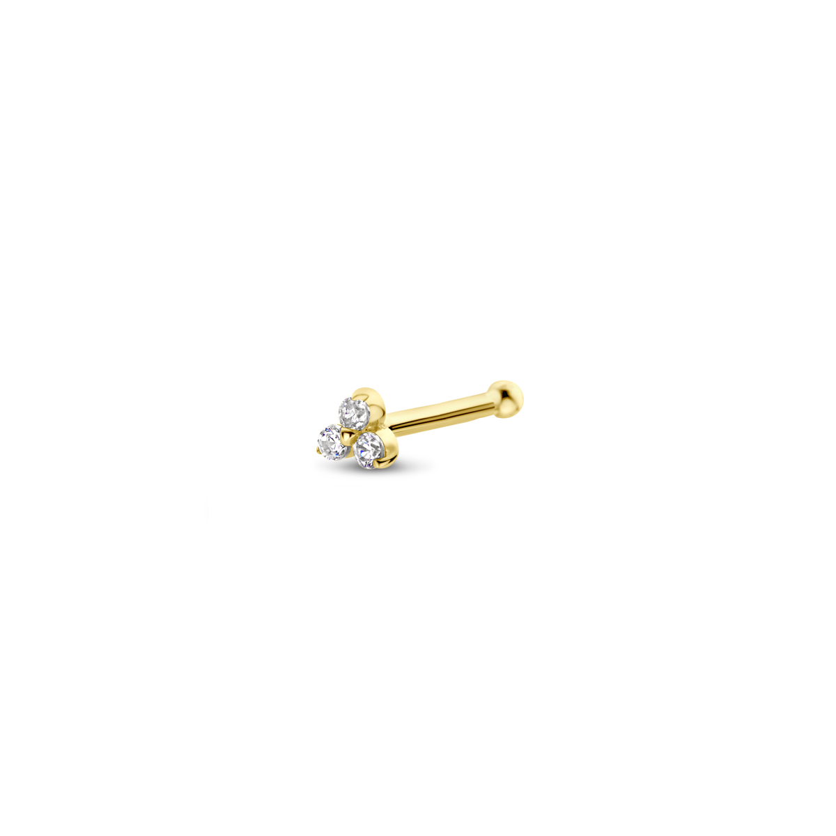 14k Geelgouden neusknopje met zirkonia. Het neusknopje heeft een afmeting van 2.3x2.3mm.