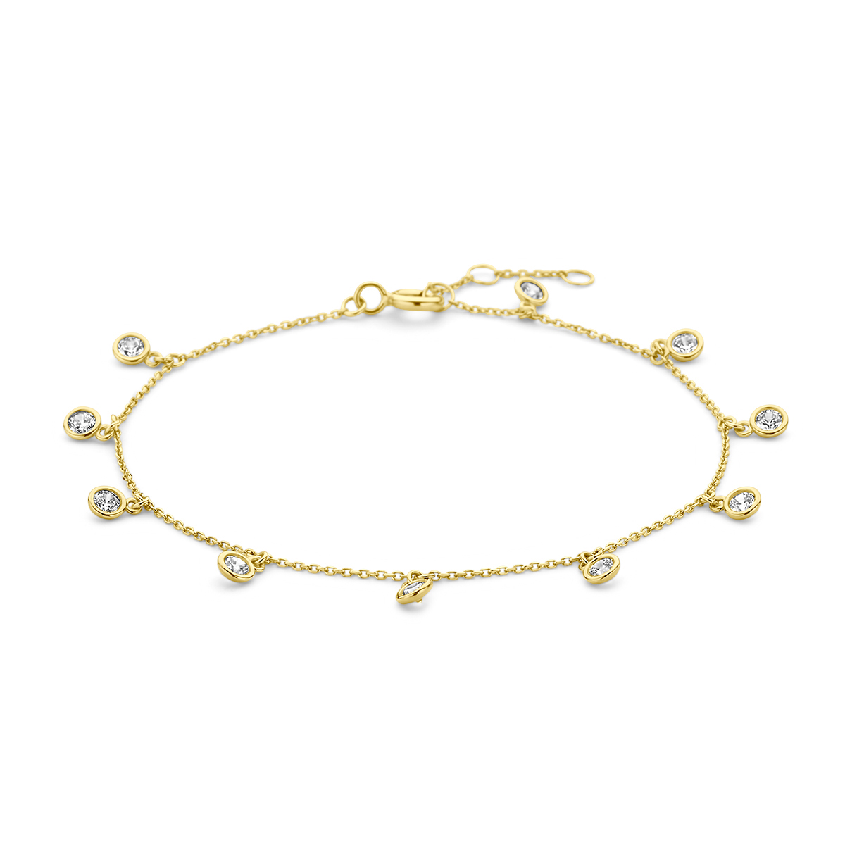 14k Geelgouden armband uitgevoerd met zirkonia. De armband heeft draaglengtes van 16.5, 17.5 en 18.5cm. De schakelbreedte is 0.8mm.