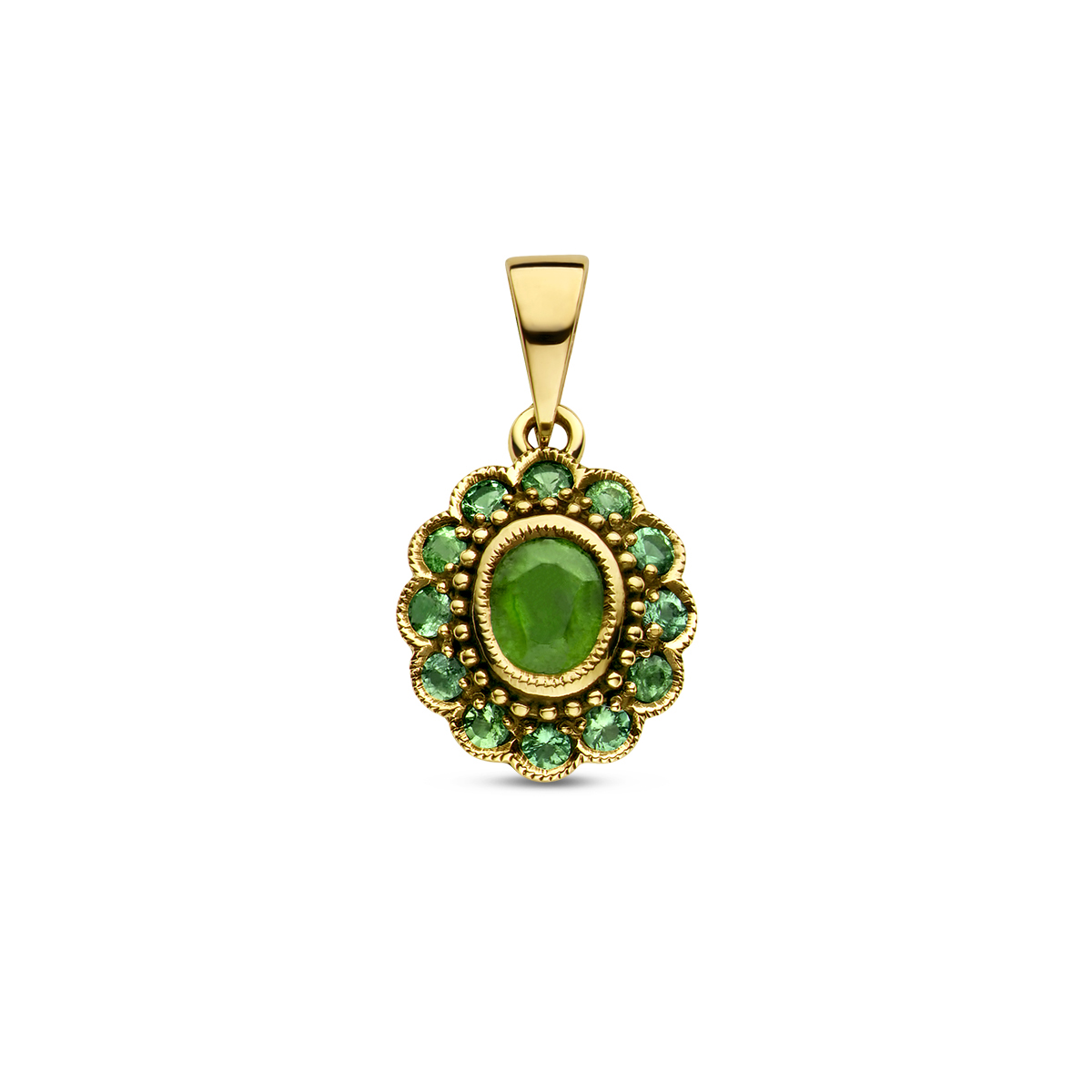 14k Geelgouden hanger uitgevoerd met smaragd. De hanger heeft een totale hoogte van 18mm.