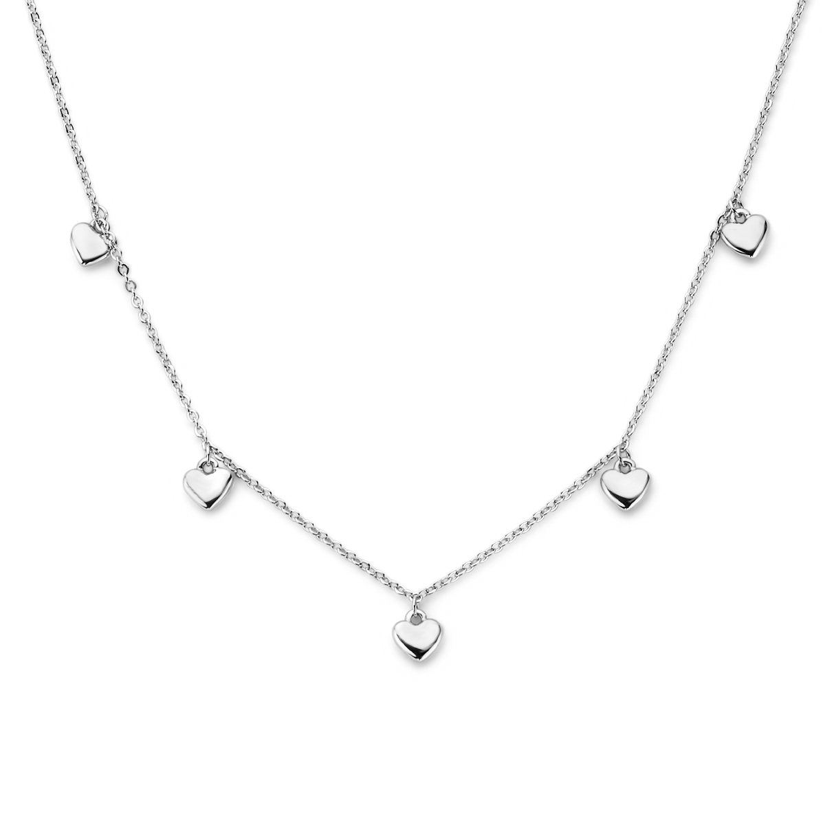 Gerhodineerd 925 zilveren collier uitgevoerd met hartjes van 4.5x5.3mm en een karabijn sluiting. Het collier heeft een draaglengte 41cm en een extensie van 4cm. De schakelbreedte is 1.3mm.