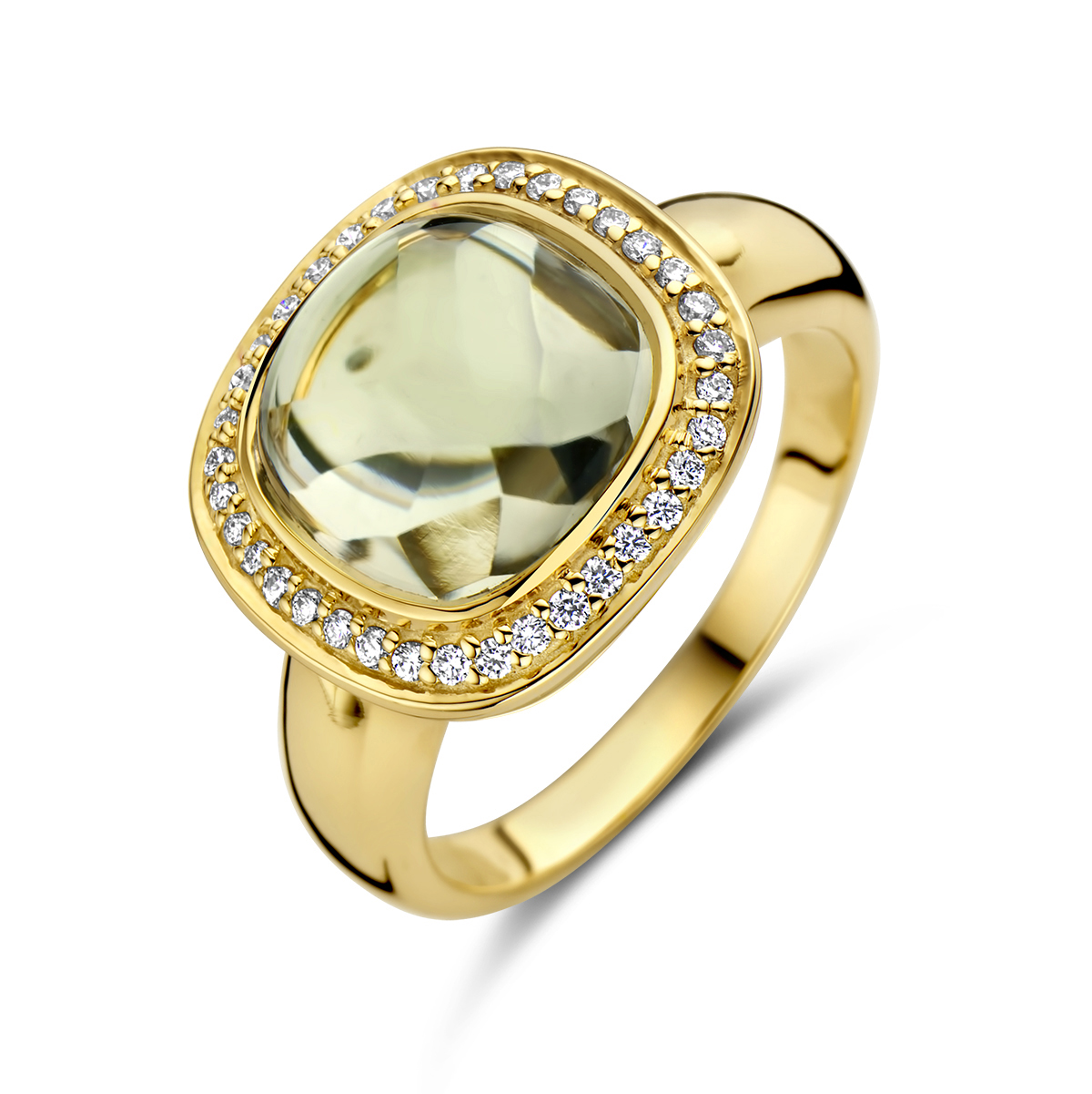 14k Geelgouden ring uitgevoerd met groen amethist en diamanten. De ring heeft een breedte van 14mm.