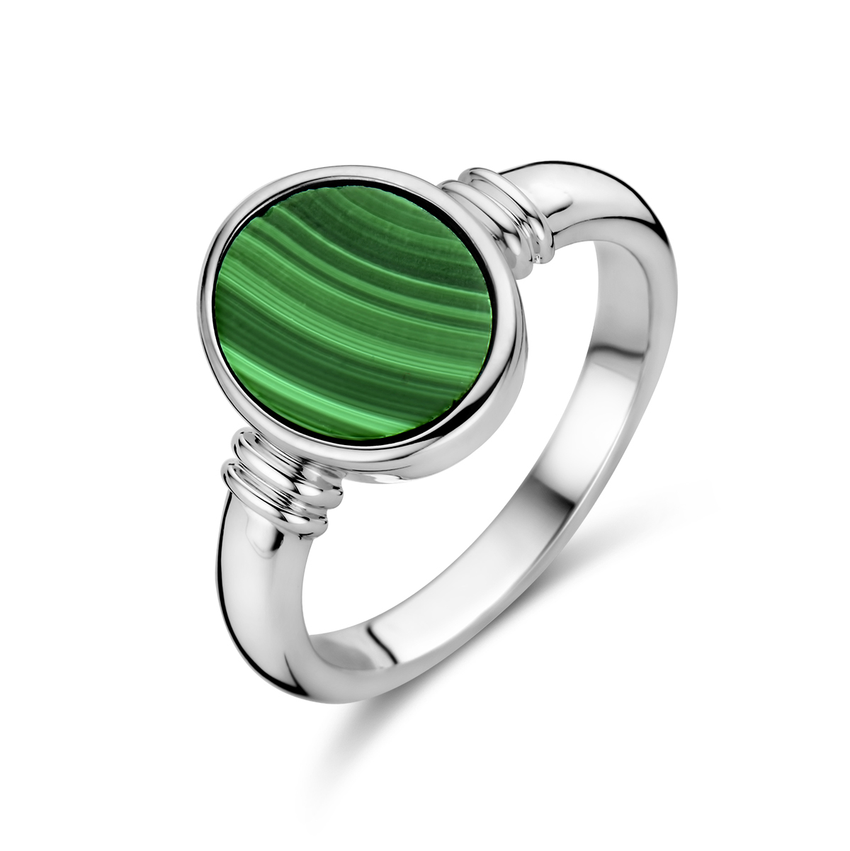 Gerhodineerd 925 zilveren ring uitgevoerd met malachiet. De ring heeft een breedte van 12.5mm.