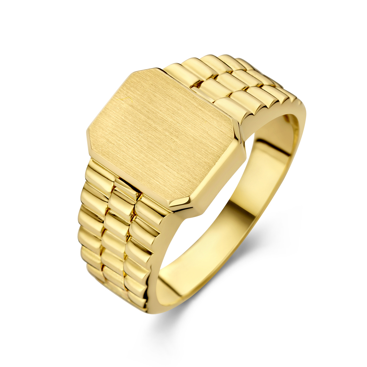 14k Geelgouden graveerring met een afmeting van 12.5x9.5mm.