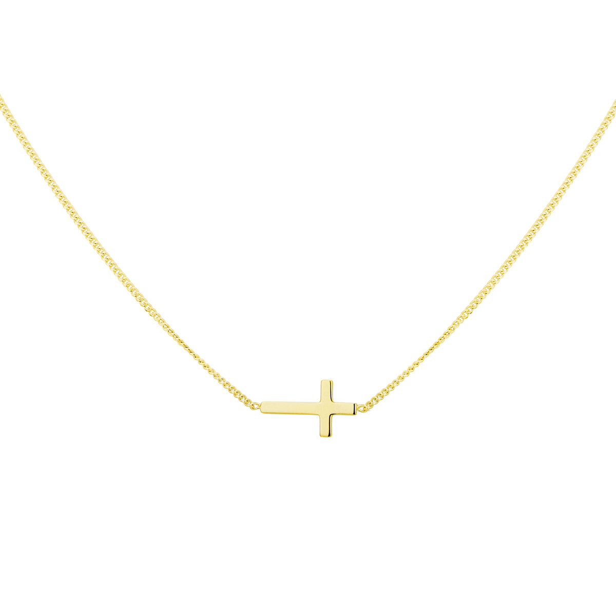Geelgoud op 925 zilveren collier uitgevoerd met een kruis en een karabijn sluiting. Het collier heeft een draaglengte van 40cm en een extensie van 5cm. De schakelbreedte is 1.0mm. Geen garantie op plating.
