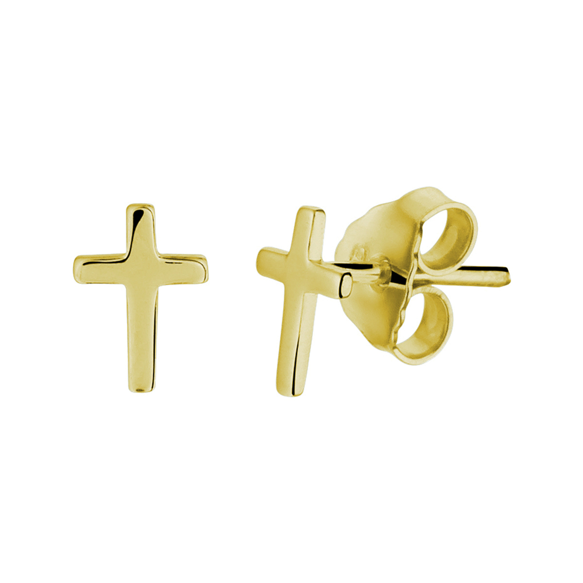 Geelgoud op zilveren kruis oorknoppen met een afmeting van 7.5x5mm. Geen garantie op plating.