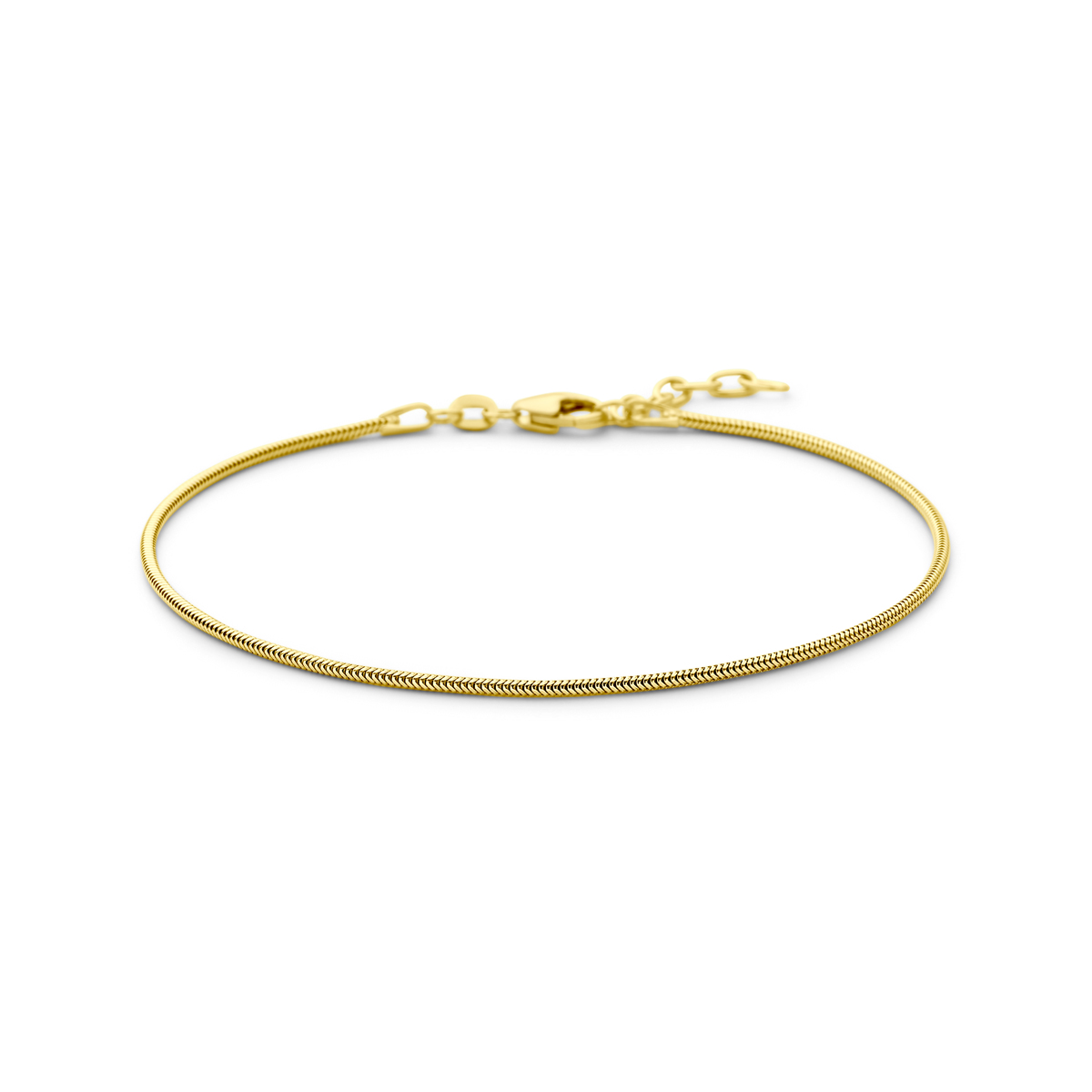 14k Geelgouden slang armband uitgevoerd met een karabijn sluiting. De armband heeft een draaglengte van 19cm en een extensie van 2cm. De schakelbreedte is 1.2mm.