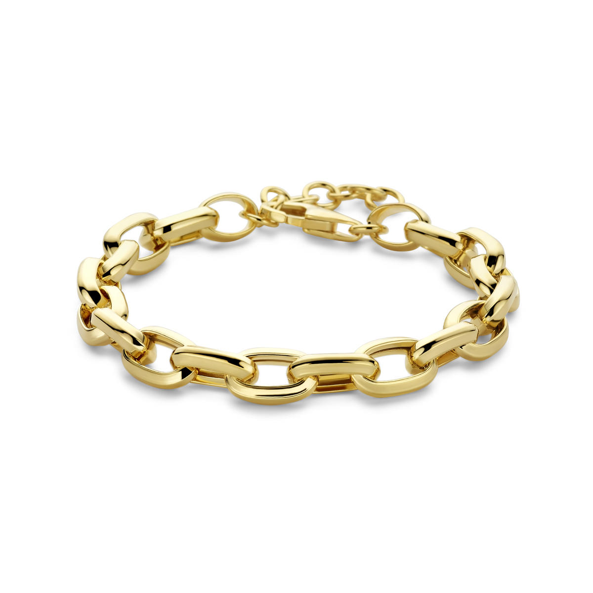 Geelgoud op 925 zilveren armband met een schakelbreedte van 8mm uitgevoerd met een karabijn sluiting. De armband heeft een draaglengte van 18cm en een extensie van 3cm. Geen garantie op plating.