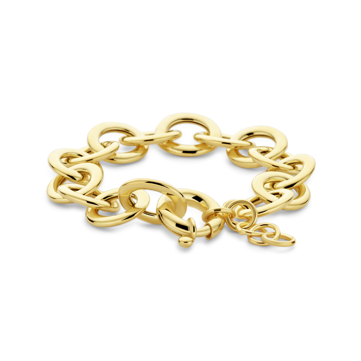 Geelgoud op 925 zilveren armband uitgevoerd met een groot veerslot. De draaglengte is 17cm met een extensie van 3cm. De schakelbreedte is 15mm. Geen garantie op plating.