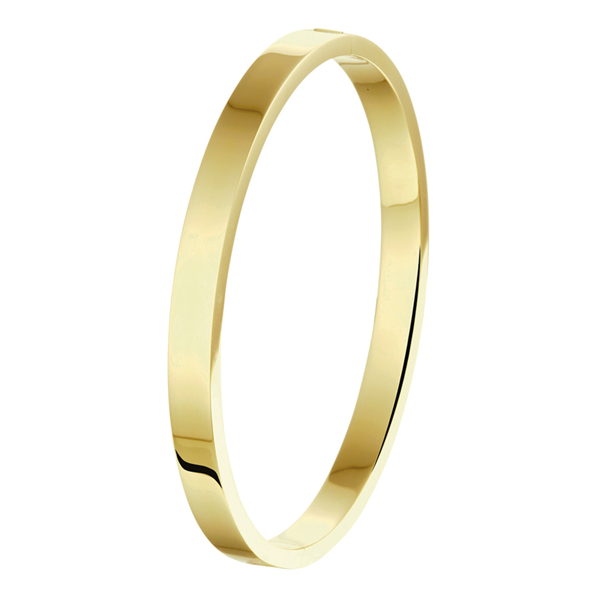 14k Geelgoud met 925 zilveren kern bangle met scharnier van uitgevoerd met vlakke buis. De bangle heeft een breedte van 6mm. 
14,5 Gram 14k Goud
19,7 Gram Sterling Zilver

Beide Edelmetalen zijn voorzien van een waarborg keurmerk stempel.