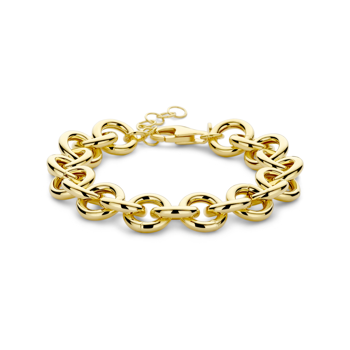 Geelgoud op 925 zilveren armband met een draaglengte van 17cm en een extensie van 3cm. Uitgevoerd met een karabijn sluiting. De schakelbreedte is 12mm. Geen garantie op plating.
