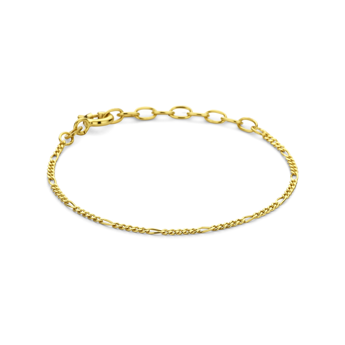 14k Geelgouden figaro armband met een schakelbreedte van 1.6mm.