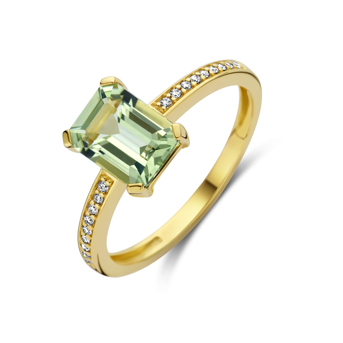 14k Geelgouden ring uitgevoerd met een groen amethist en diamanten rij. De ring heeft een afmeting van 8.5x7mm en de diamantgewicht is 0.07ct.