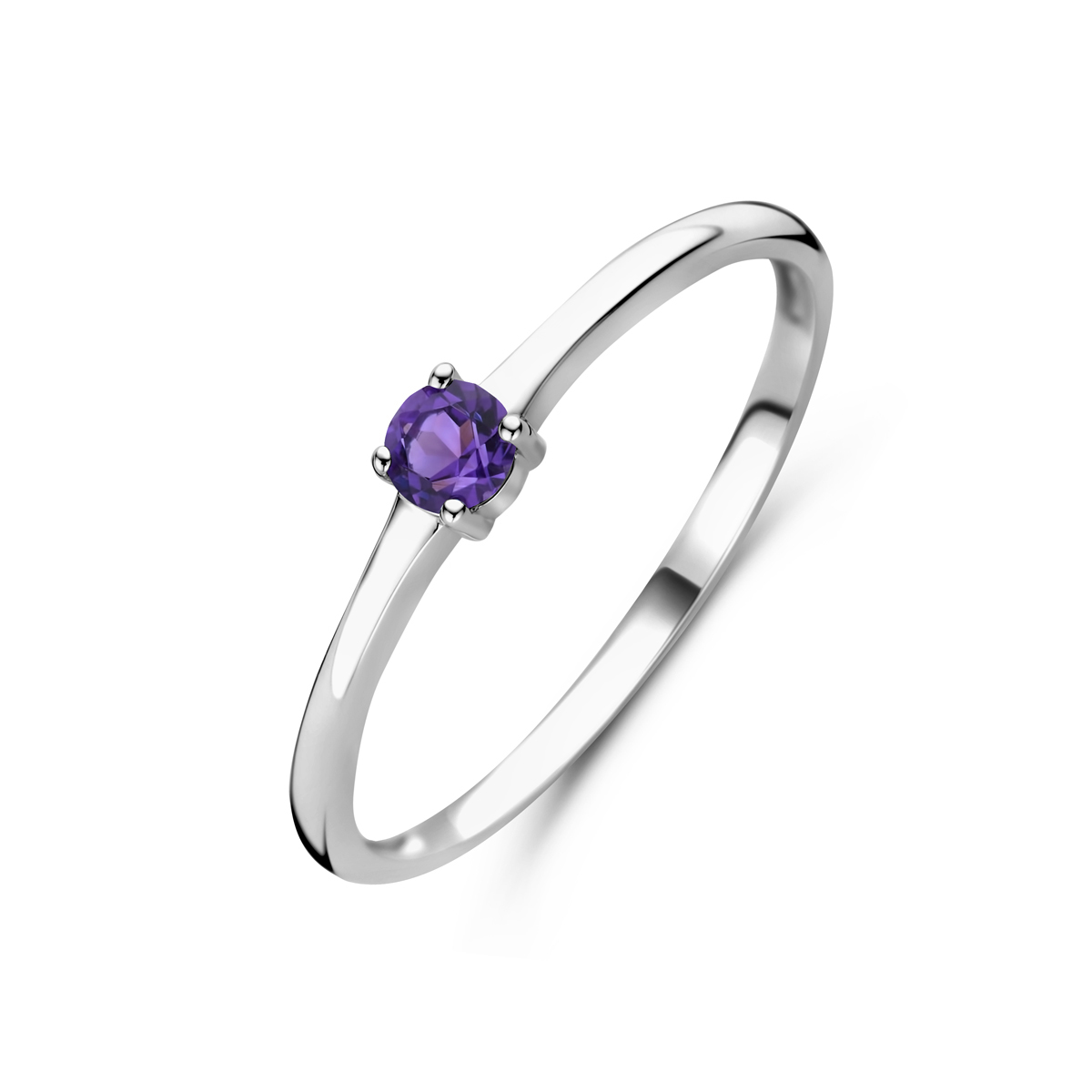 Gerhodineerd 925 zilveren ring uitgevoerd met een schitterende amethist. De ring heeft een breedte van 3mm.