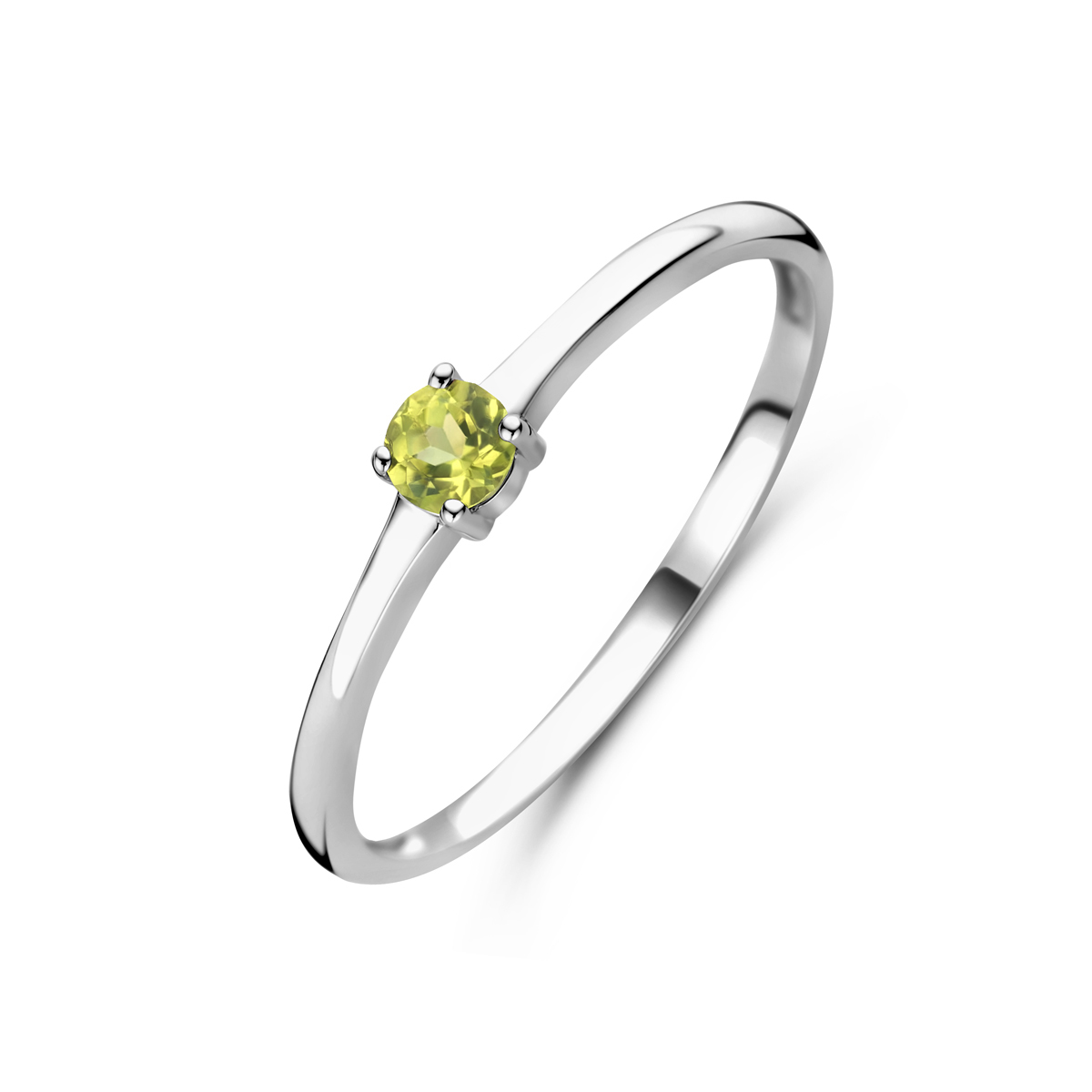 Gerhodineerd 925 zilveren ring uitgevoerd met een schitterende peridot. De ring heeft een breedte van 3mm.