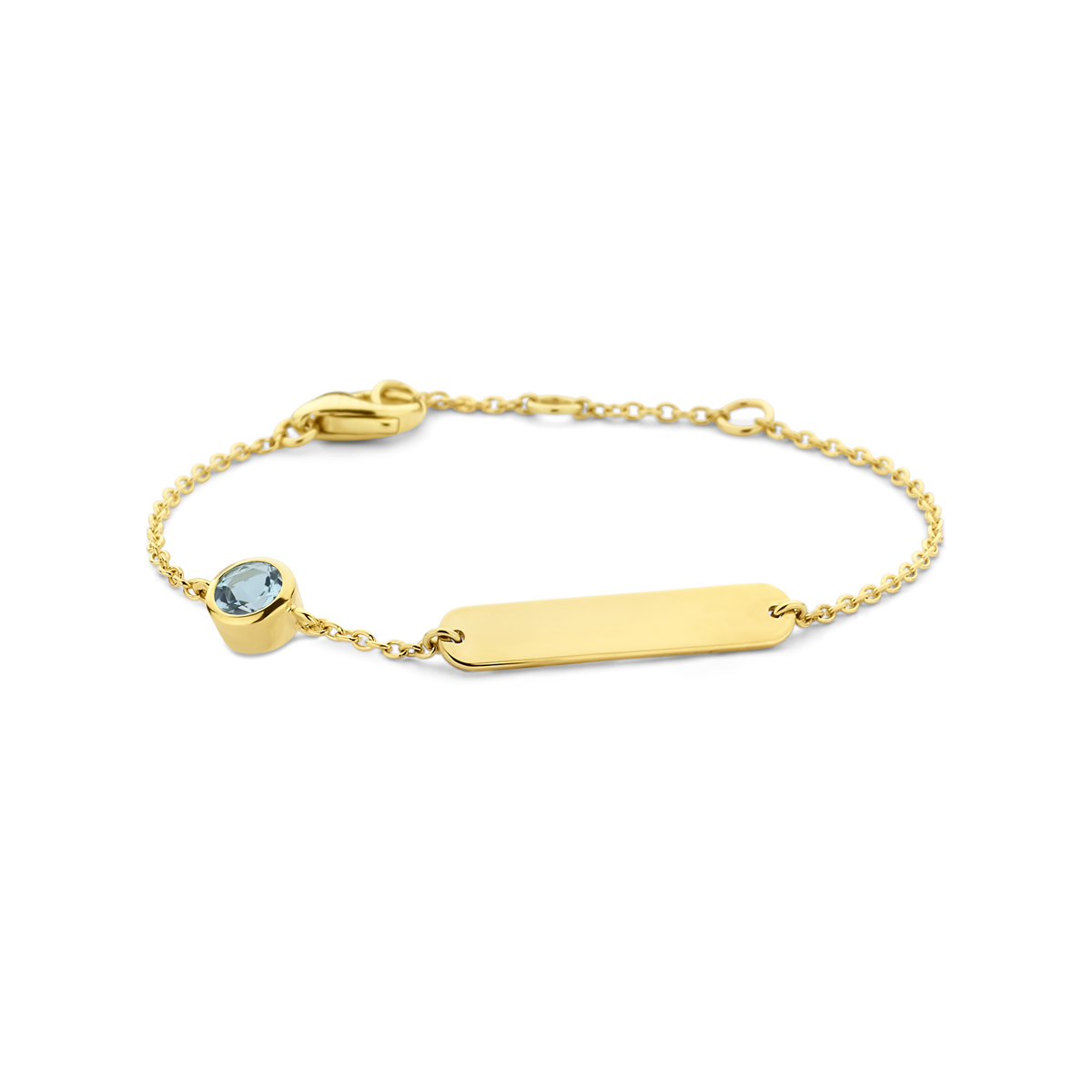 14k Geelgouden graveerarmband uitgevoerd met een schitterende kleursteen. De armband heeft draaglengtes van 11-12-13cm. De schakelbreedte is 1.2mm. De graveerplaat heeft een afmeting van 4x20mm en een dikte van 0.8mm.