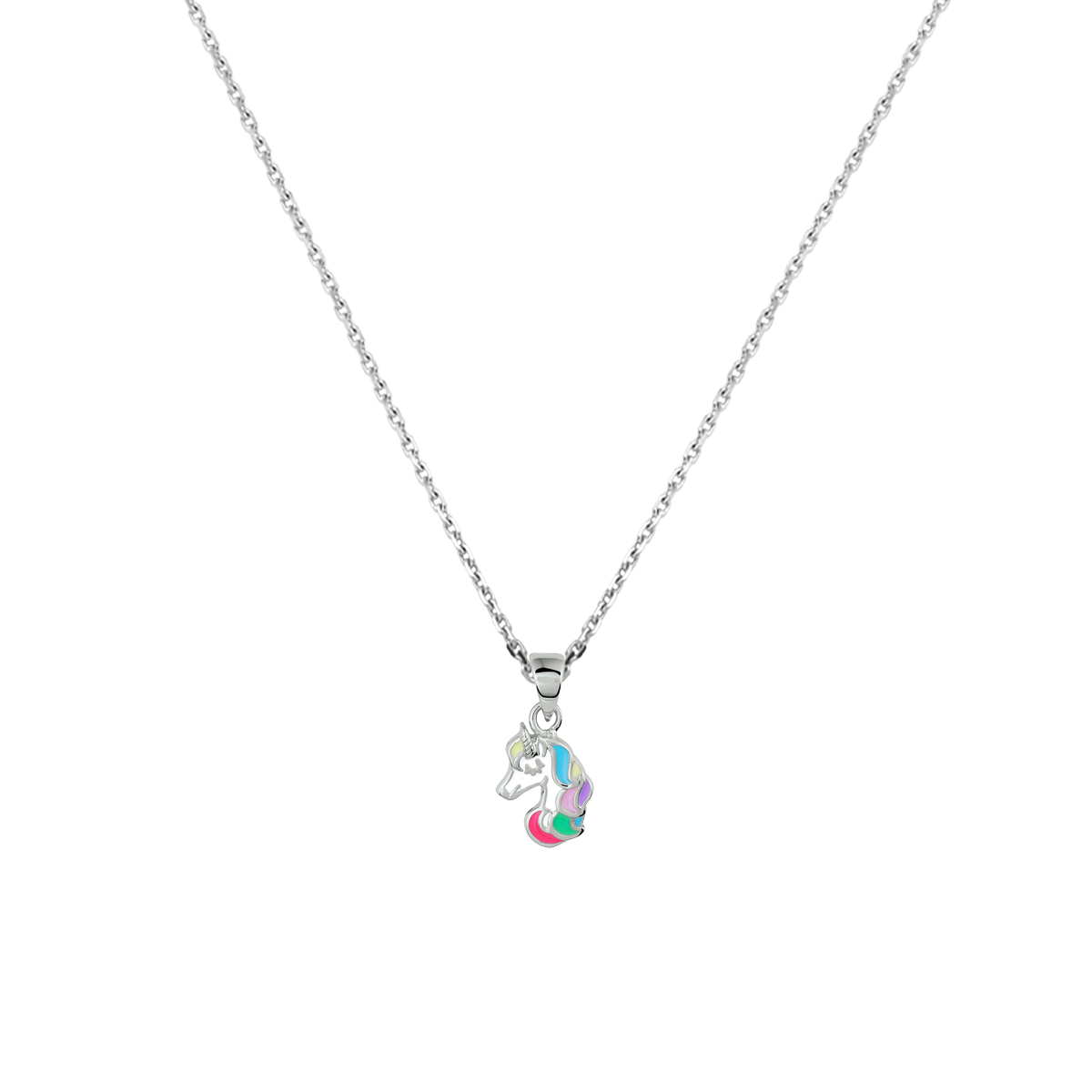 Gerhodineerd 925 zilveren collier uitgevoerd met een eenhoorn hanger en een karabijn sluiting. Het collier heeft een draaglengte van 36cm en een extensie van 4cm. De schakelbreedte is 1.1mm.