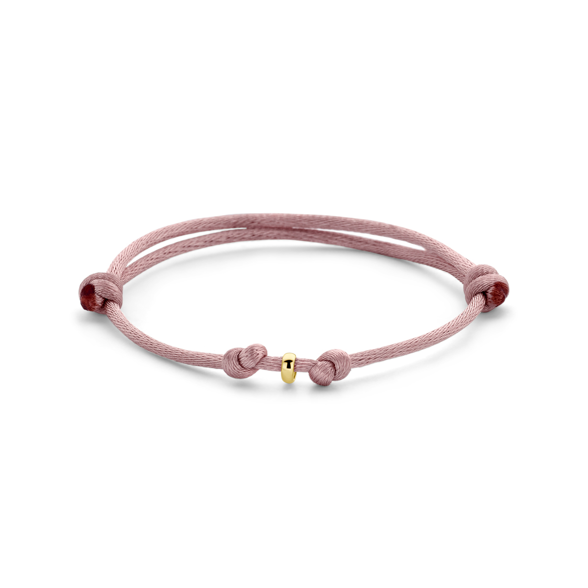 satijnen armband,  zacht roze+ gouden rondje 13-26cm