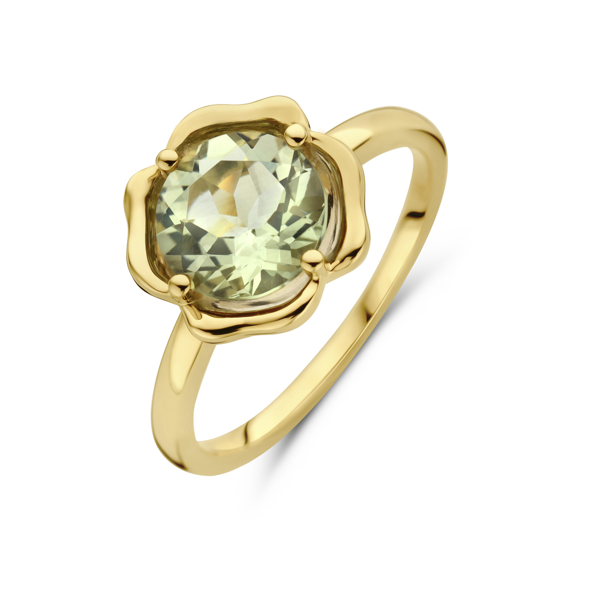 14k Geelgouden ring uitgevoerd met groen amethist. De steen heeft een diameter van 8mm.