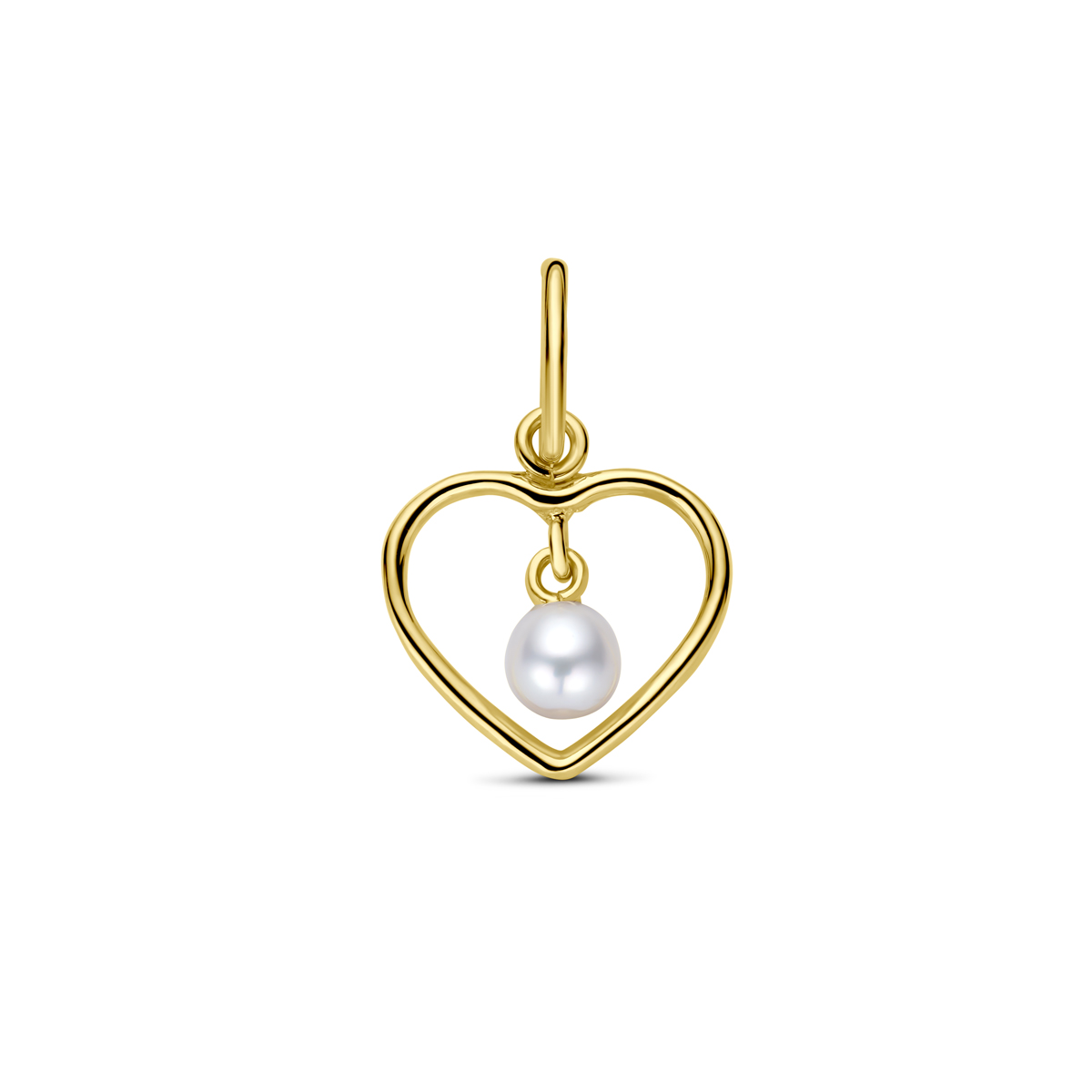 14k Geelgouden hanger uitgevoerd met een parel en een hart van 8.5x10mm. De hanger heeft een  totale hoogte van 15mm.