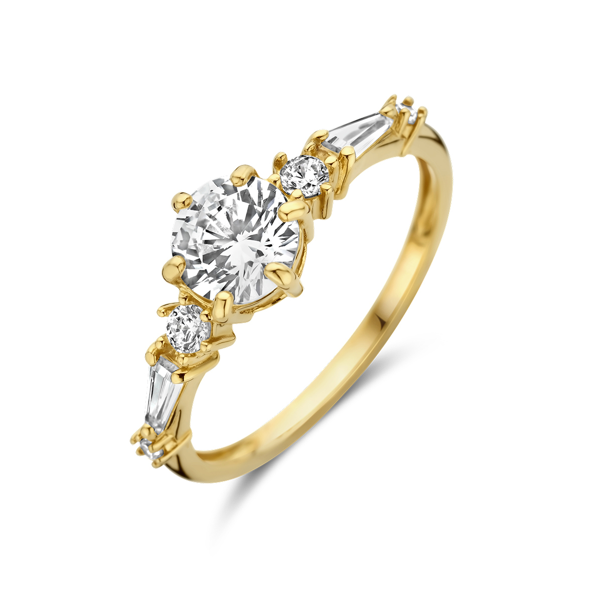 14k Geelgouden ring uitgevoerd met zirkonia. De ring heeft een breedte van 7.5mm.