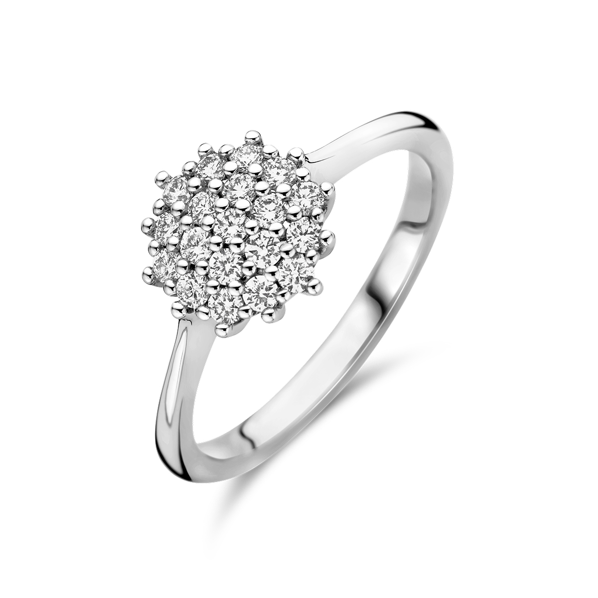 14k Witgouden ring uitgevoerd met diamanten. De ring heeft een breedte van 9mm.