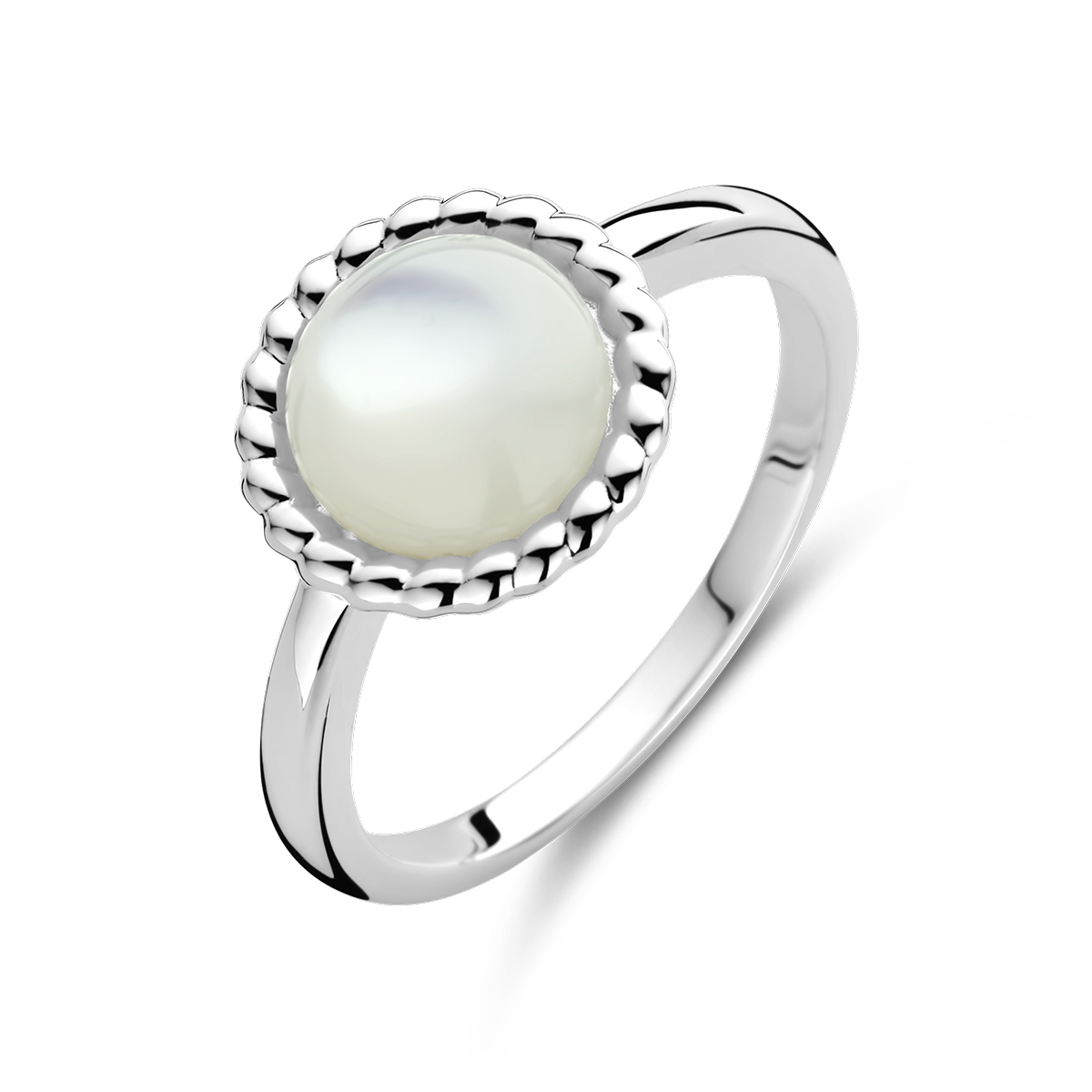 Gerhodineerd 925 zilveren ring uitgevoerd met parelmoer. De ring heeft een breedte van 11mm.