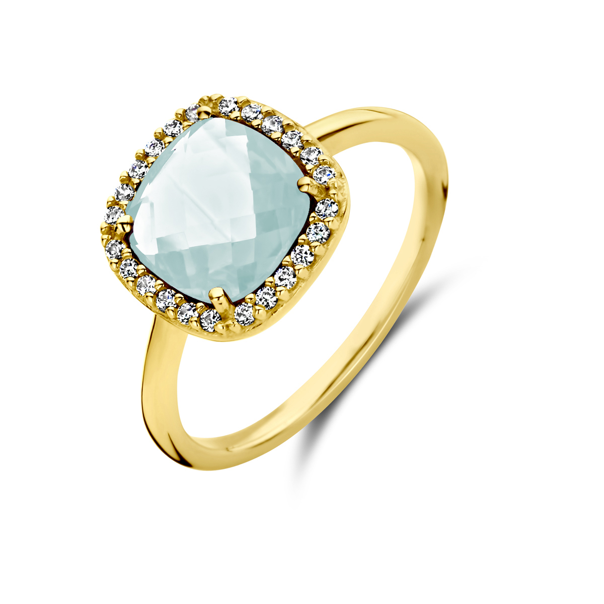 14k Geelgouden ring uitgevoerd met aquamarijn 8mm en zirconia. De ring heeft een breedte van 11mm.