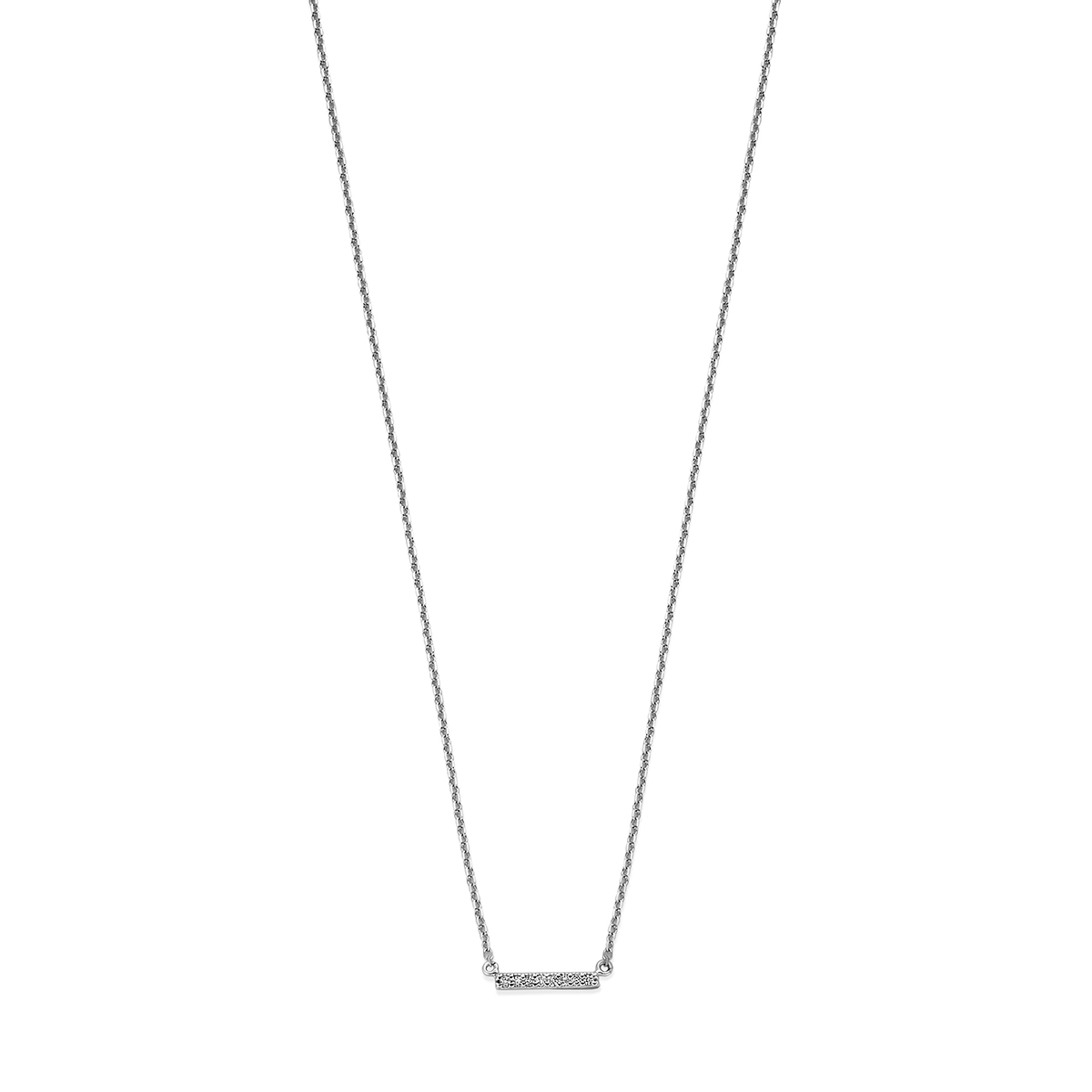 14k Witgouden collier uitgevoerd met een balkje en diamanten. Het collier heeft draaglengtes van 42 en 45 cm. De schakelbreedte is 1.0mm.