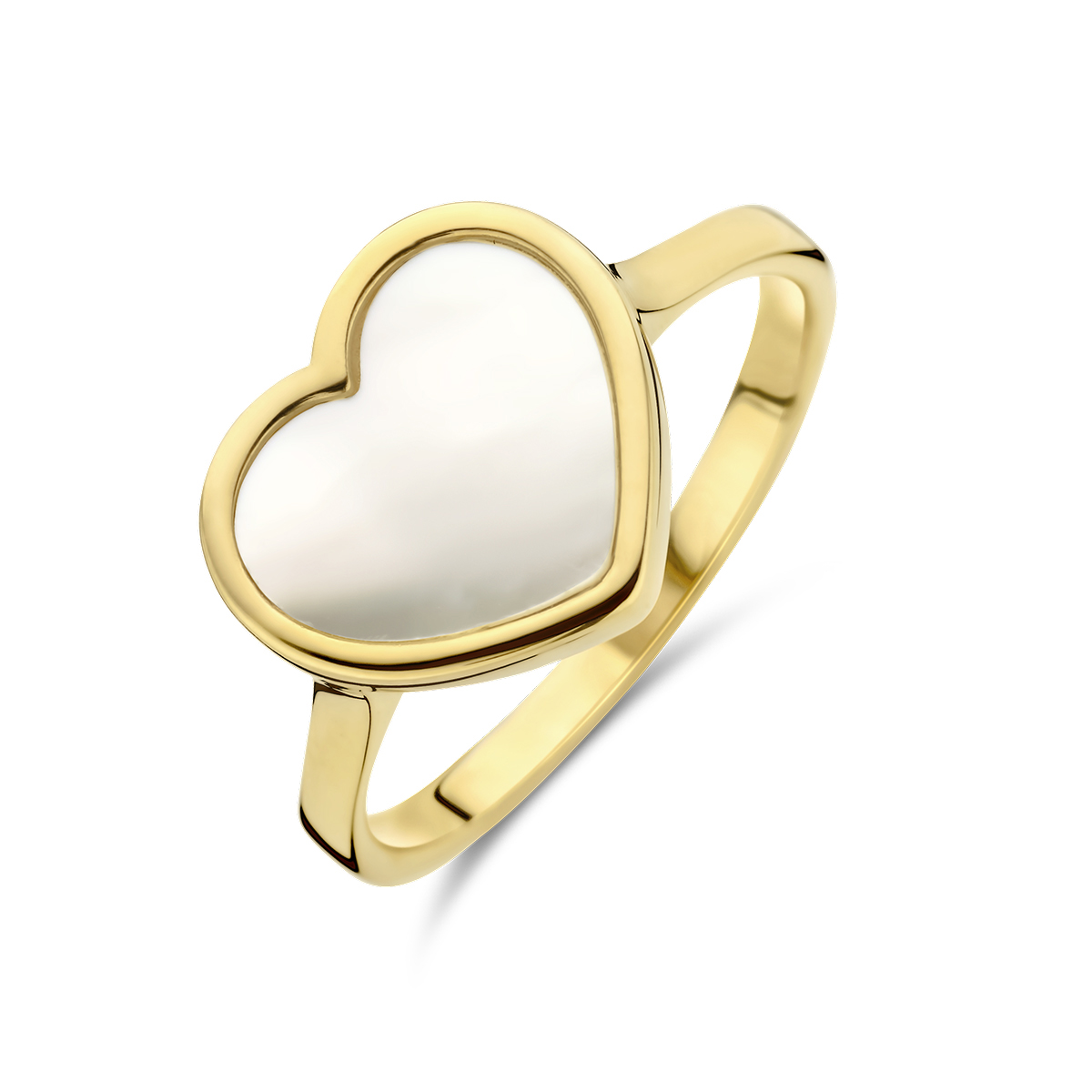 14k Geelgouden ring met een hart van 10.5x12mm. Uitgevoerd met parelmoer.