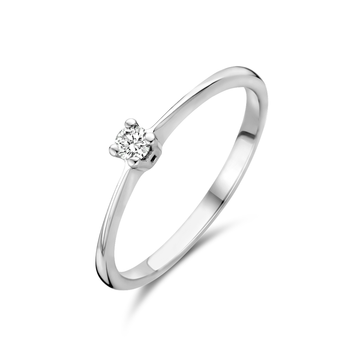 14k Witgouden ring uitgevoerd met een diamant. De ring heeft een breedte van 3mm.