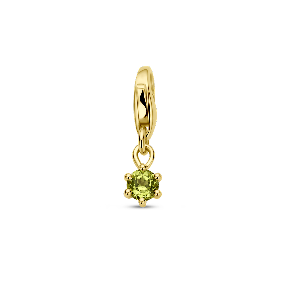 14k Geelgouden slotbedel uitgevoerd met een geboortesteen. De hanger heeft een totale hoogte van 15.5mm.