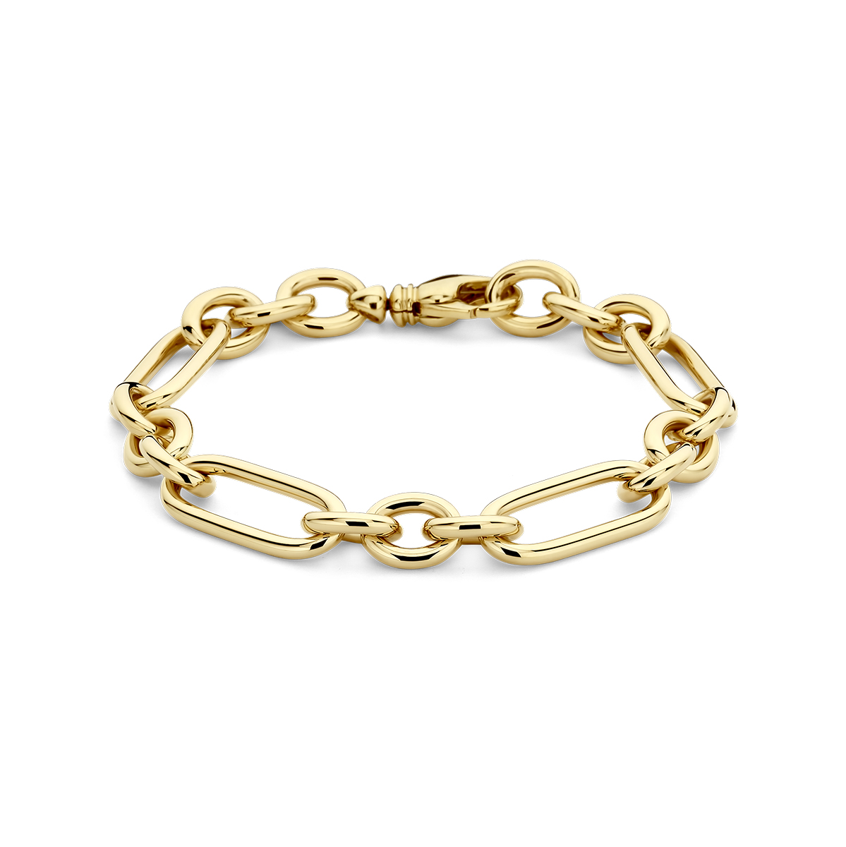 14k Geelgouden armband met een draaglengte van 21cm. De schakelbreedte is 10.7mm. Uitgevoerd met een karabijn sluiting.