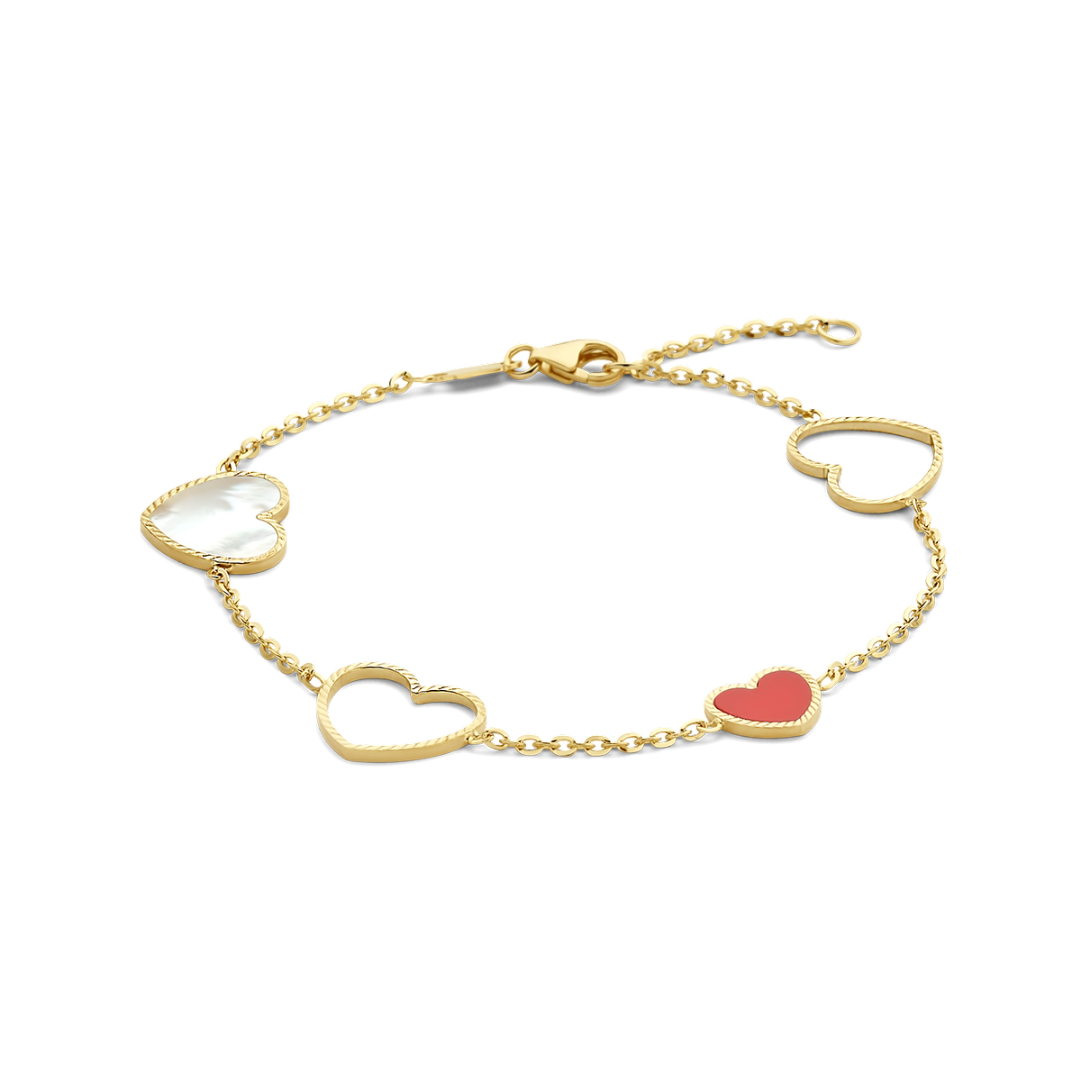 14k Geelgouden armband uitgevoerd met hartjes, parelmoer en rode pasta. De armband heeft draaglengtes van 16 en 18cm. Uitgevoerd met een karabijn sluiting. De schakelbreedte is 1.5mm.