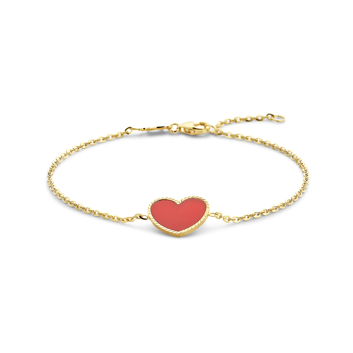 14k Geelgouden armband uitgevoerd met hart en rode pasta. De armband heeft een schakelbreedte van 1.5mm en draaglengtes van 16-18cm. Uitgevoerd met karabijnsluiting.