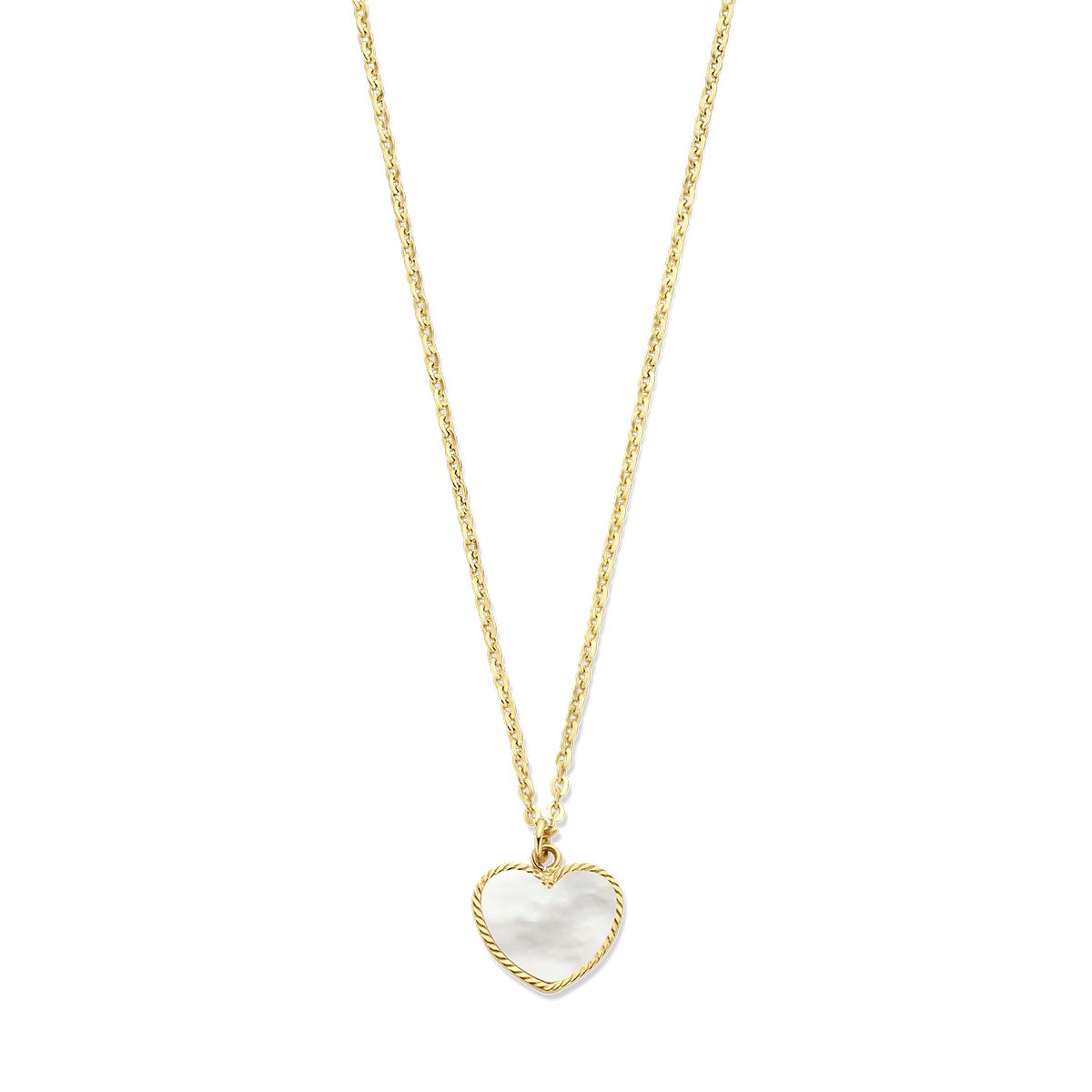 14k Geelgouden collier uitgevoerd met hart en parelmoer. Het collier heeft een schakelbreedte van 1.5mm en draaglengtes van 40-42cm. Uitgevoerd met karabijnsluiting.